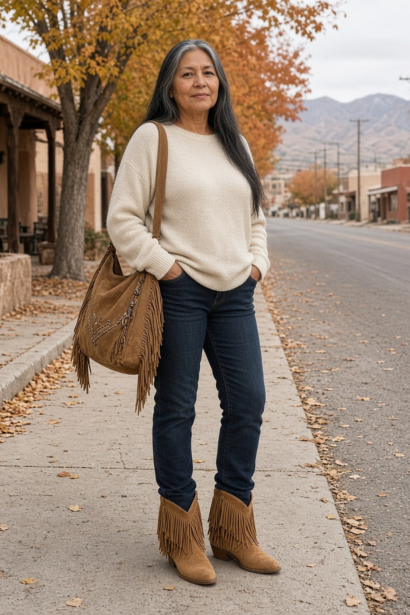 Woman over 50 with a fringed suede bag and fringe ankle boots