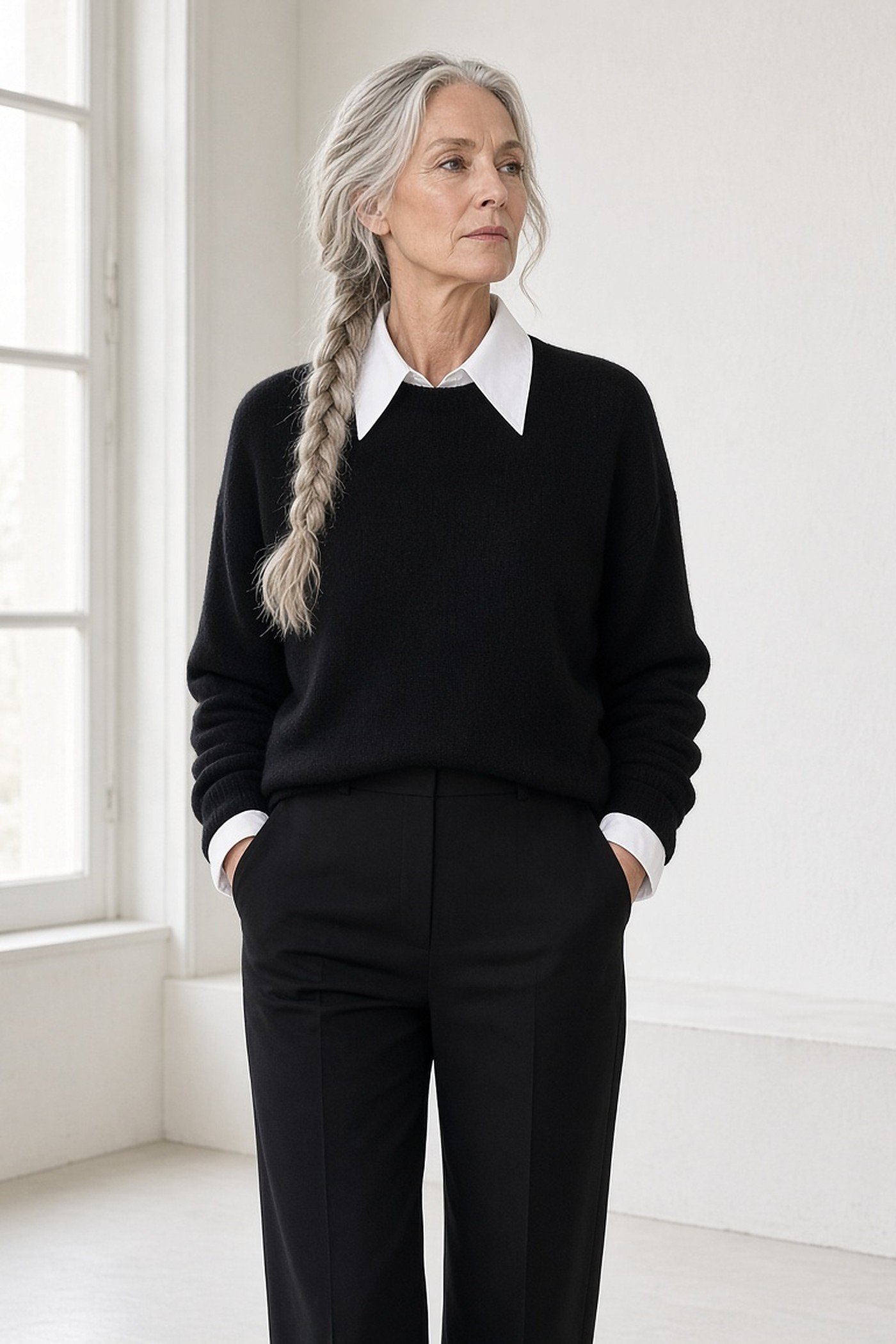 Woman over 50 in a black sweater with an oversized white statement collar