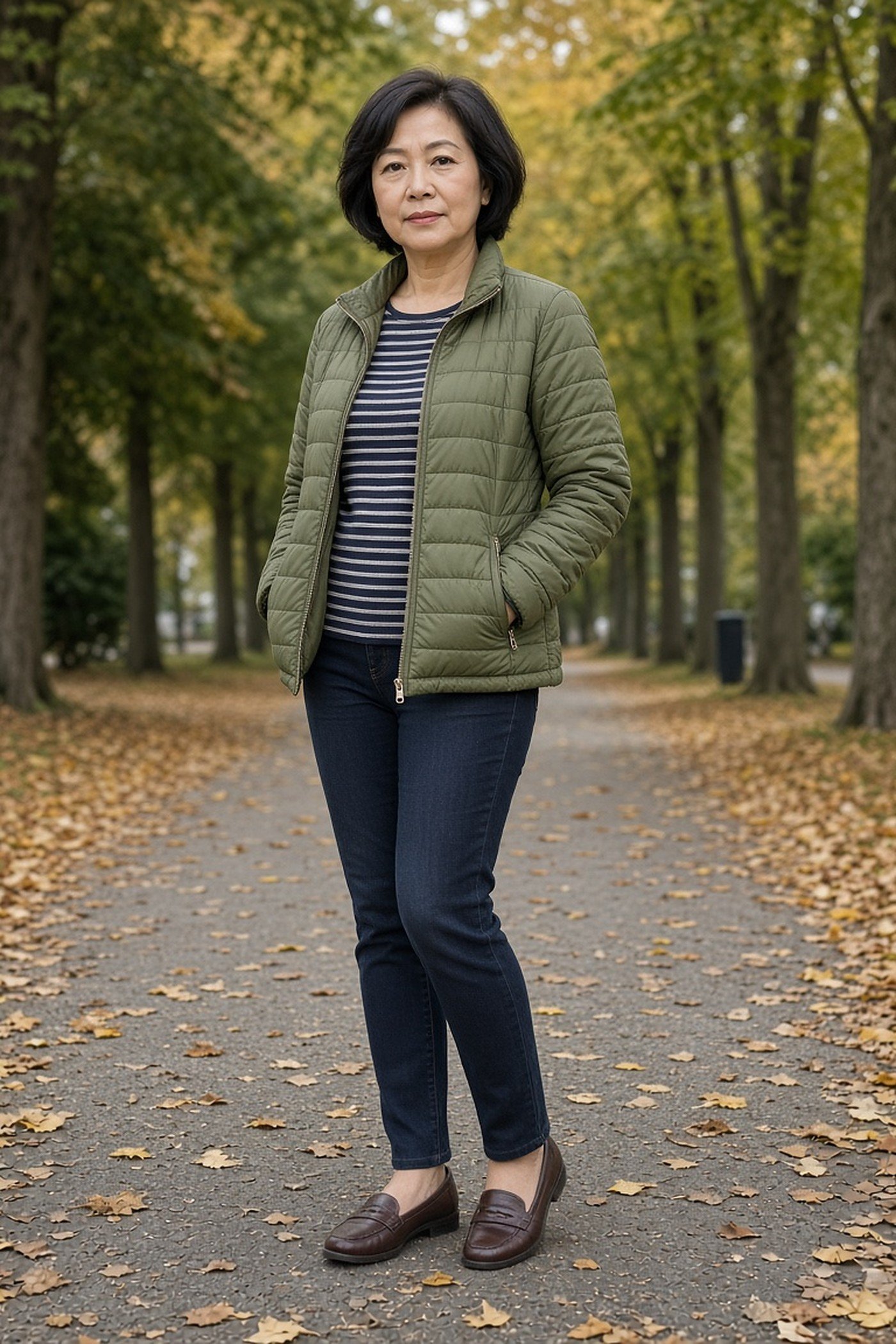 Woman over 50 in an olive quilted jacket with a striped top and jeans