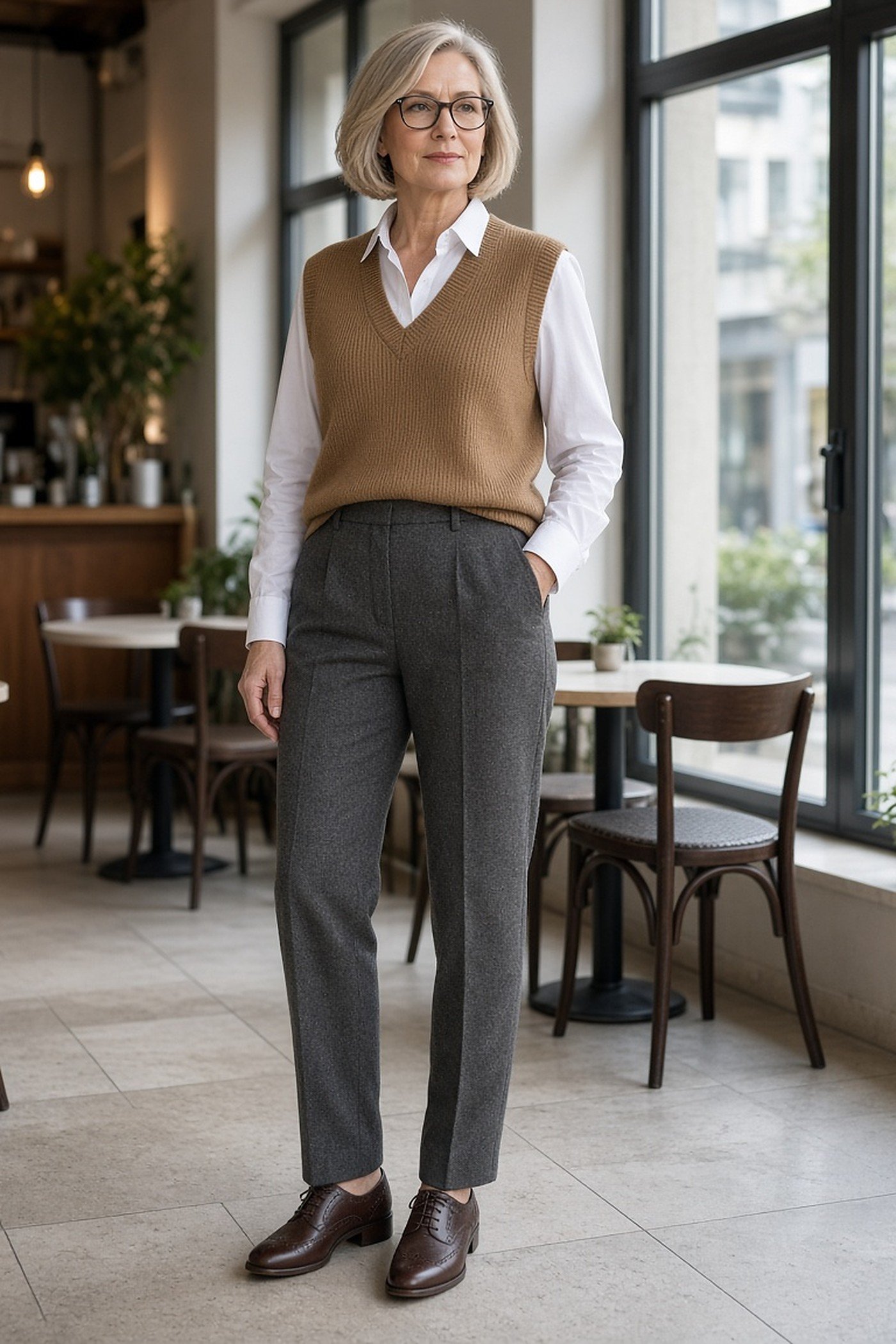 Woman over 50 in a camel sweater vest over a white shirt