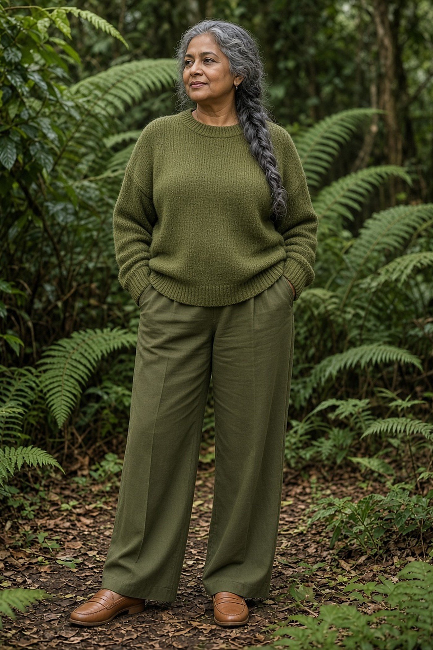 Woman over 50 in a moss green sweater and olive wide trousers