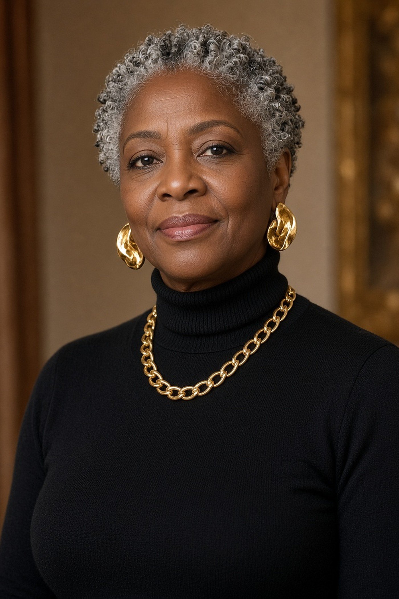 Black woman over 50 wearing a chunky gold chain and sculptural gold hoops