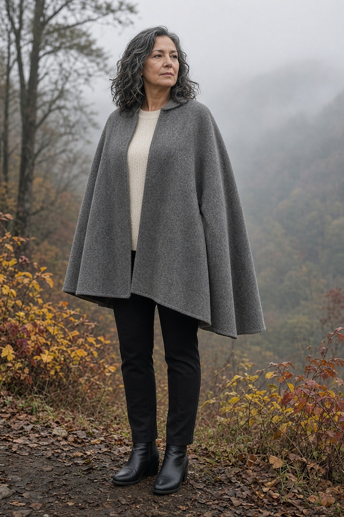 Woman over 50 in a gray wool cape coat over a cream knit