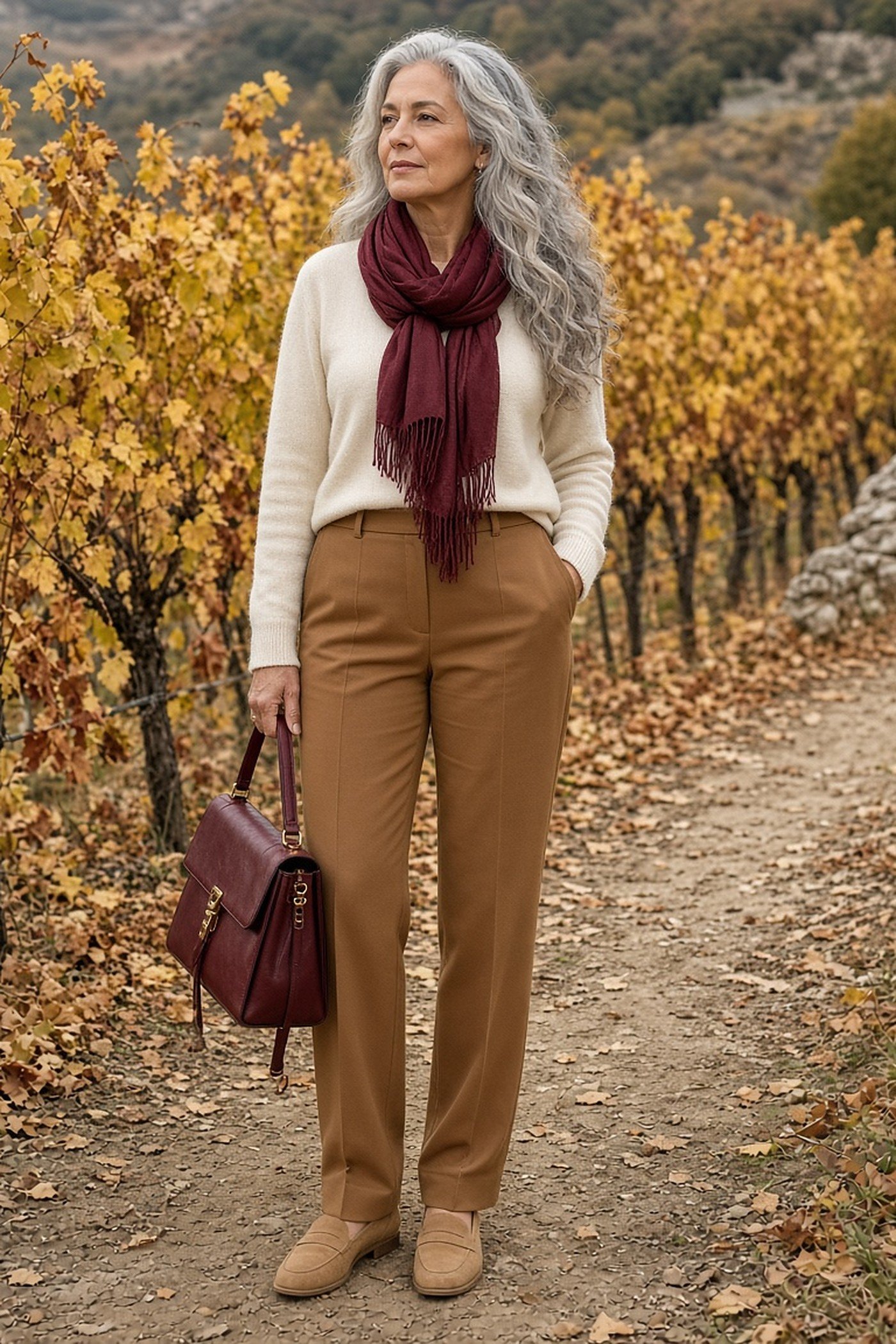 Woman over 50 in cream and camel with a burgundy scarf and burgundy bag