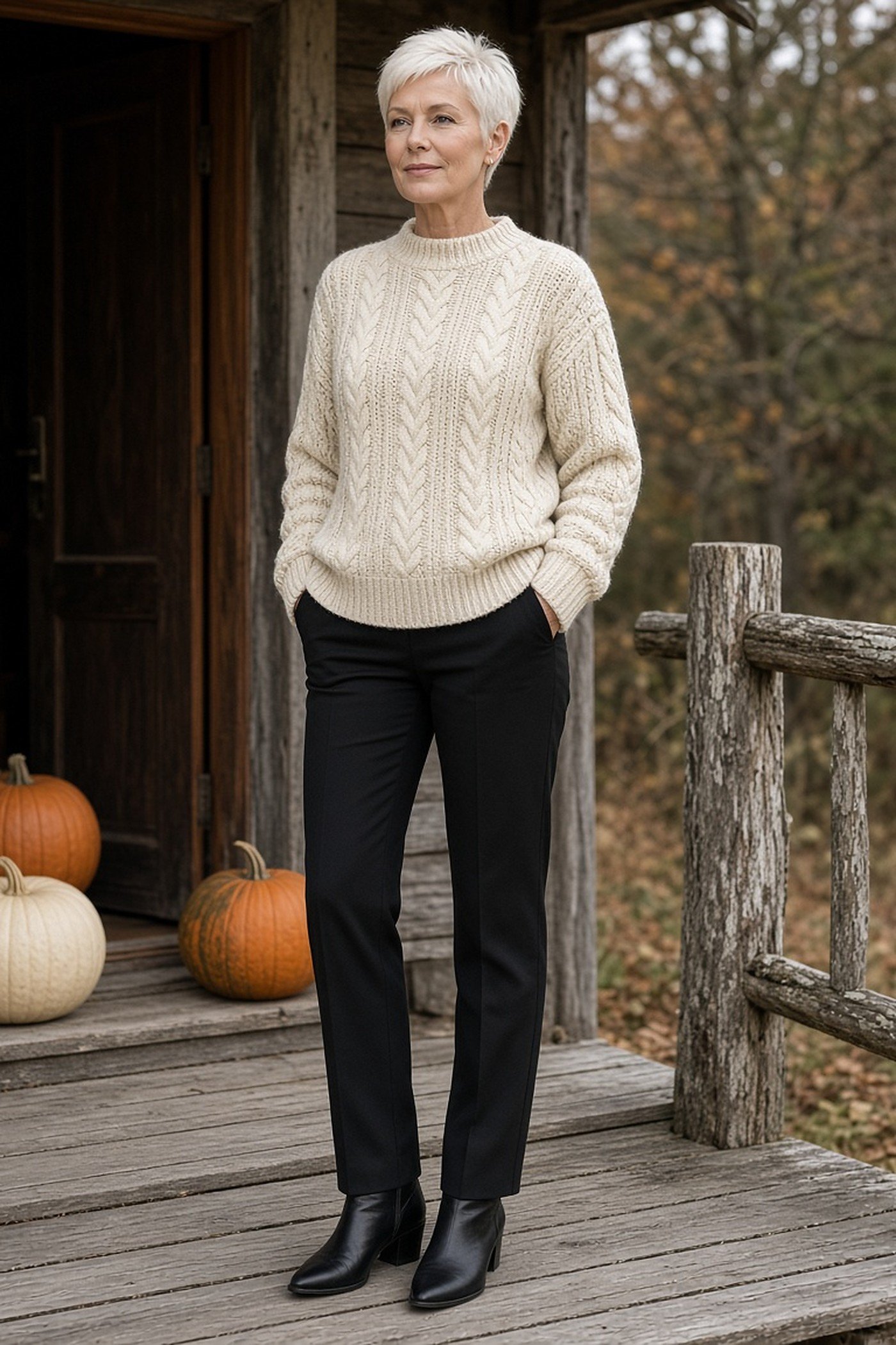Woman over 50 in a chunky cream cable knit sweater with slim black trousers