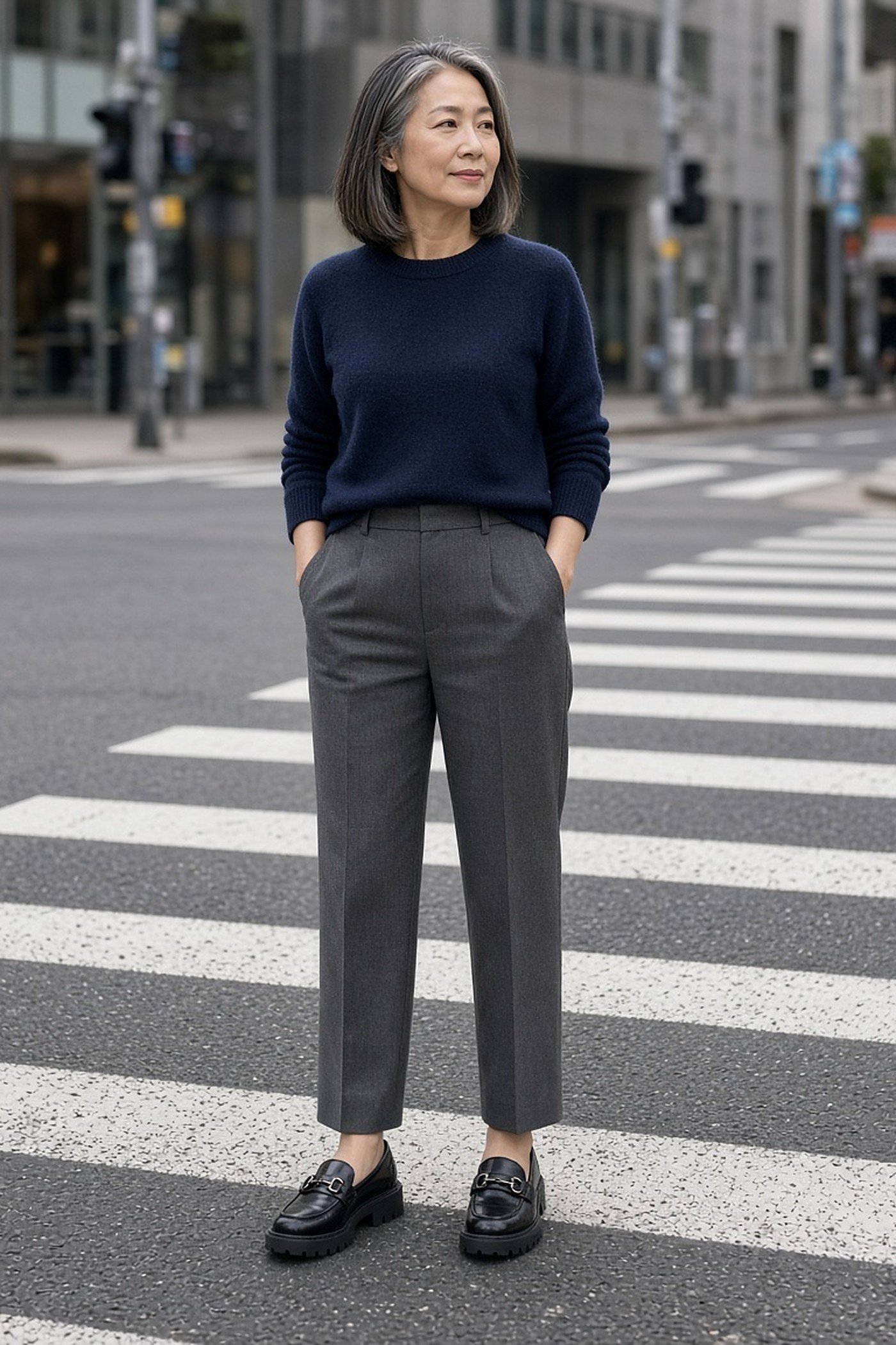 Woman over 50 in glossy black horsebit loafers with gray cropped trousers