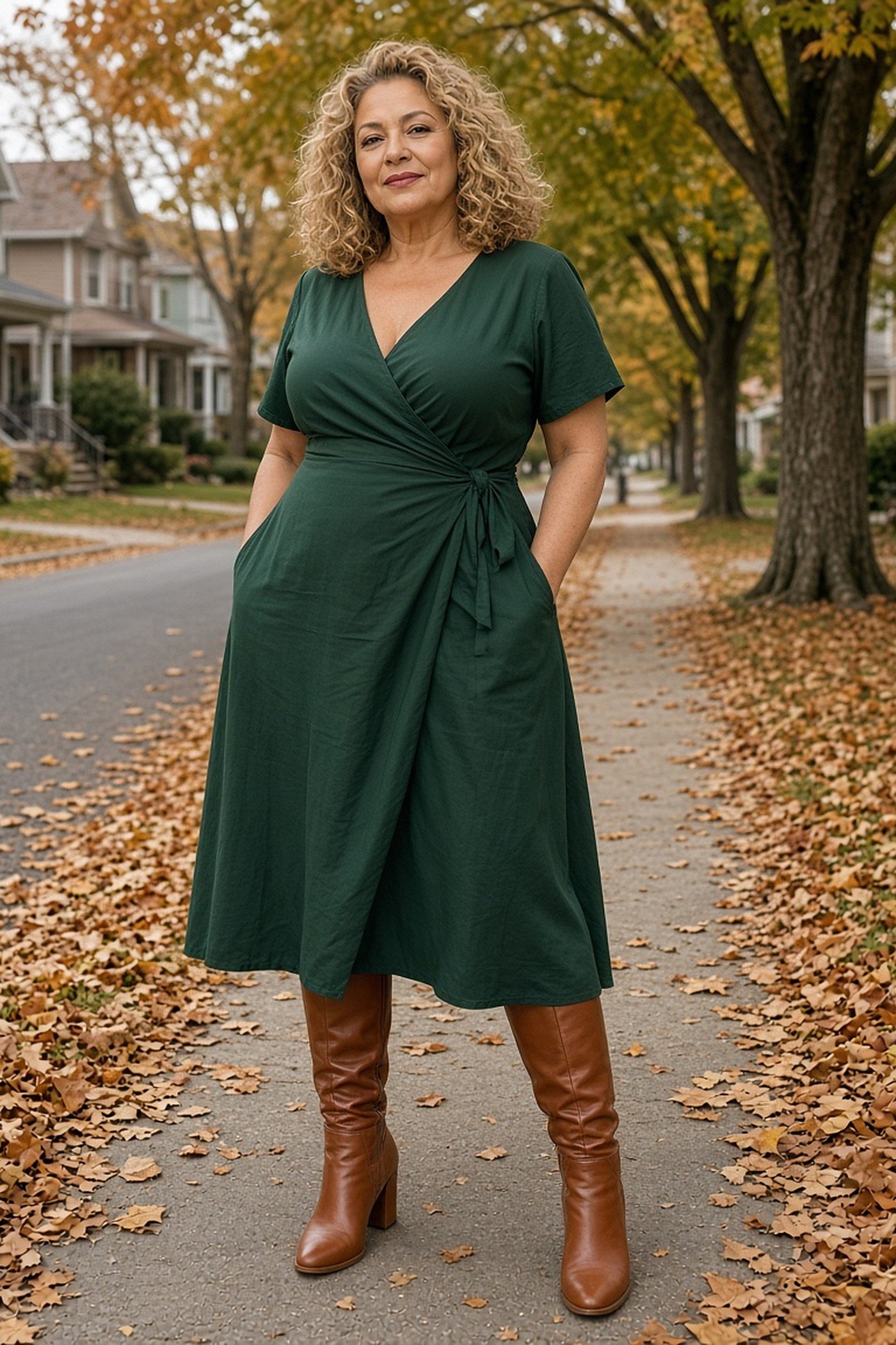 Woman over 50 in cognac knee-high boots with a green midi wrap dress