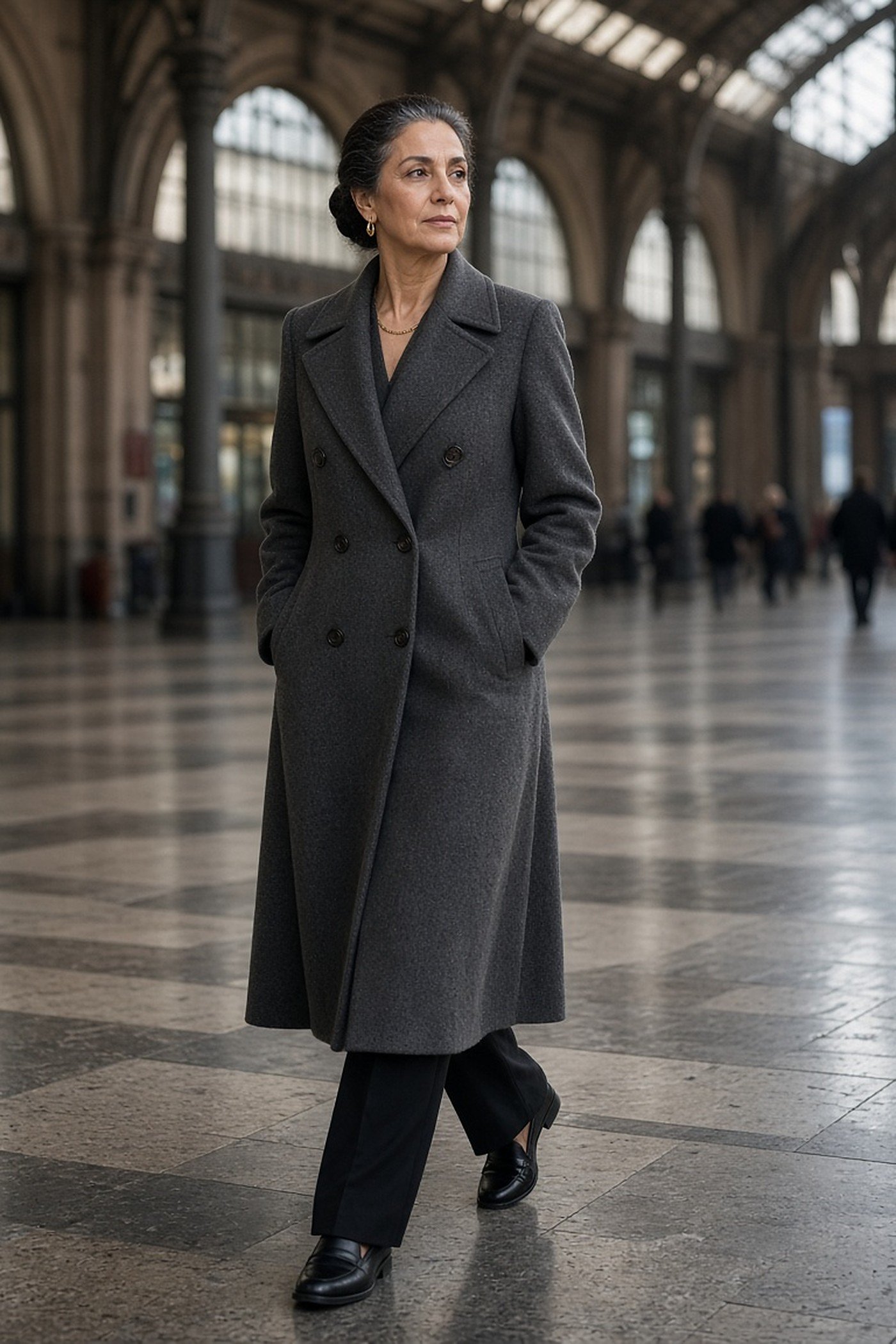Woman over 50 in a long tailored charcoal wool coat