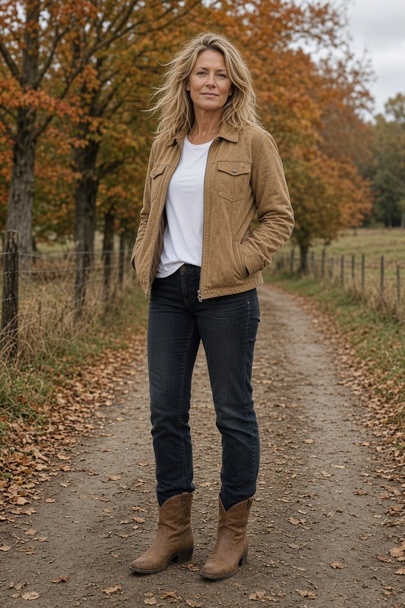 Woman over 50 in a tan suede jacket with a white tee and dark jeans