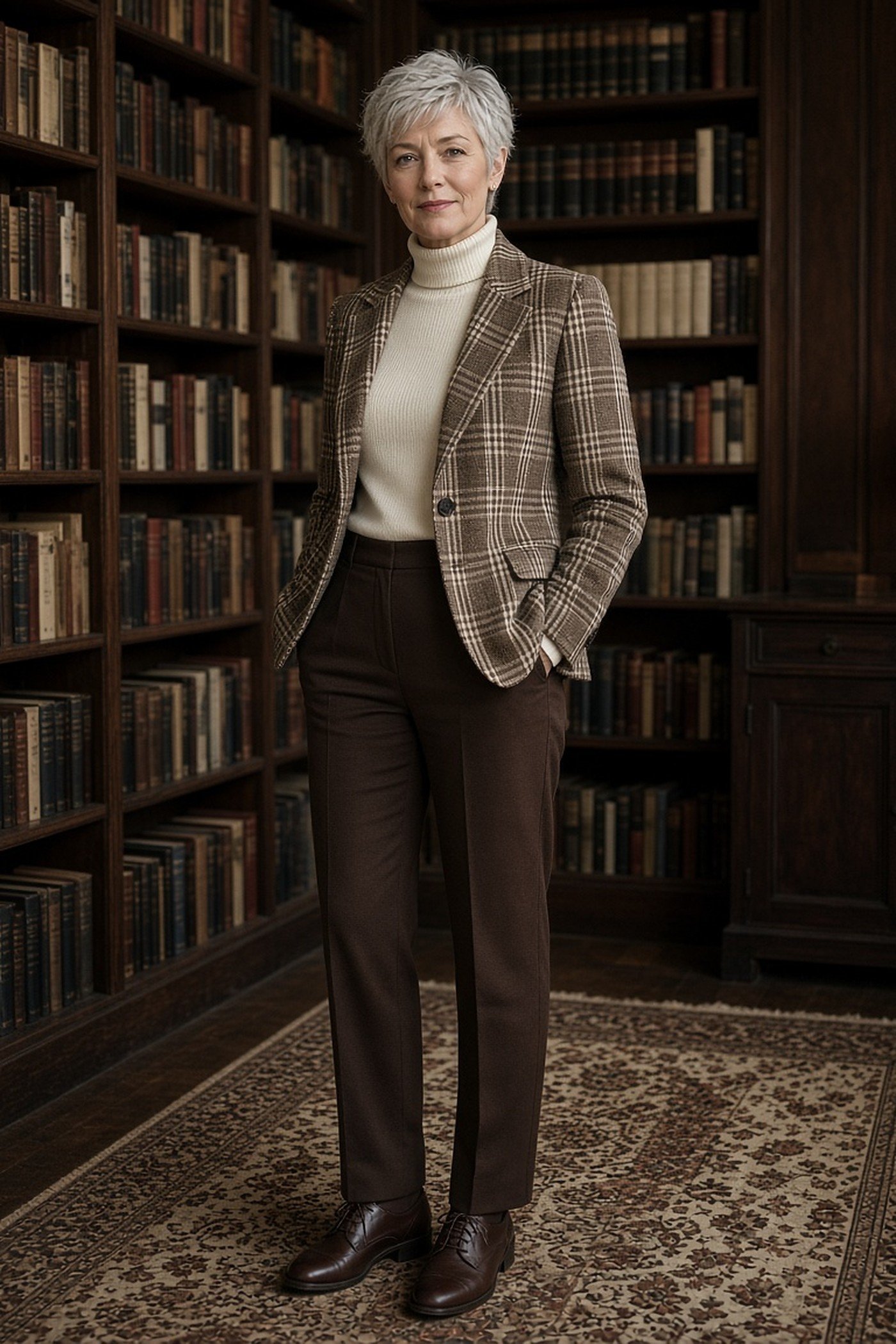 Woman over 50 in a brown plaid blazer with a cream turtleneck