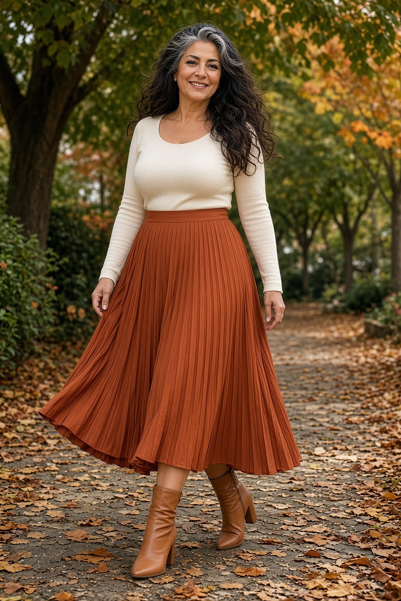 Woman over 50 in a rust pleated midi skirt and cream knit top