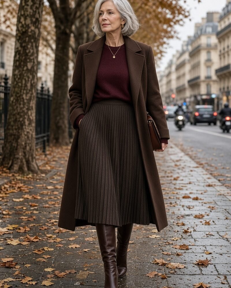 Woman over 50 in a long chocolate brown coat, burgundy knit, pleated midi skirt and knee-high boots
