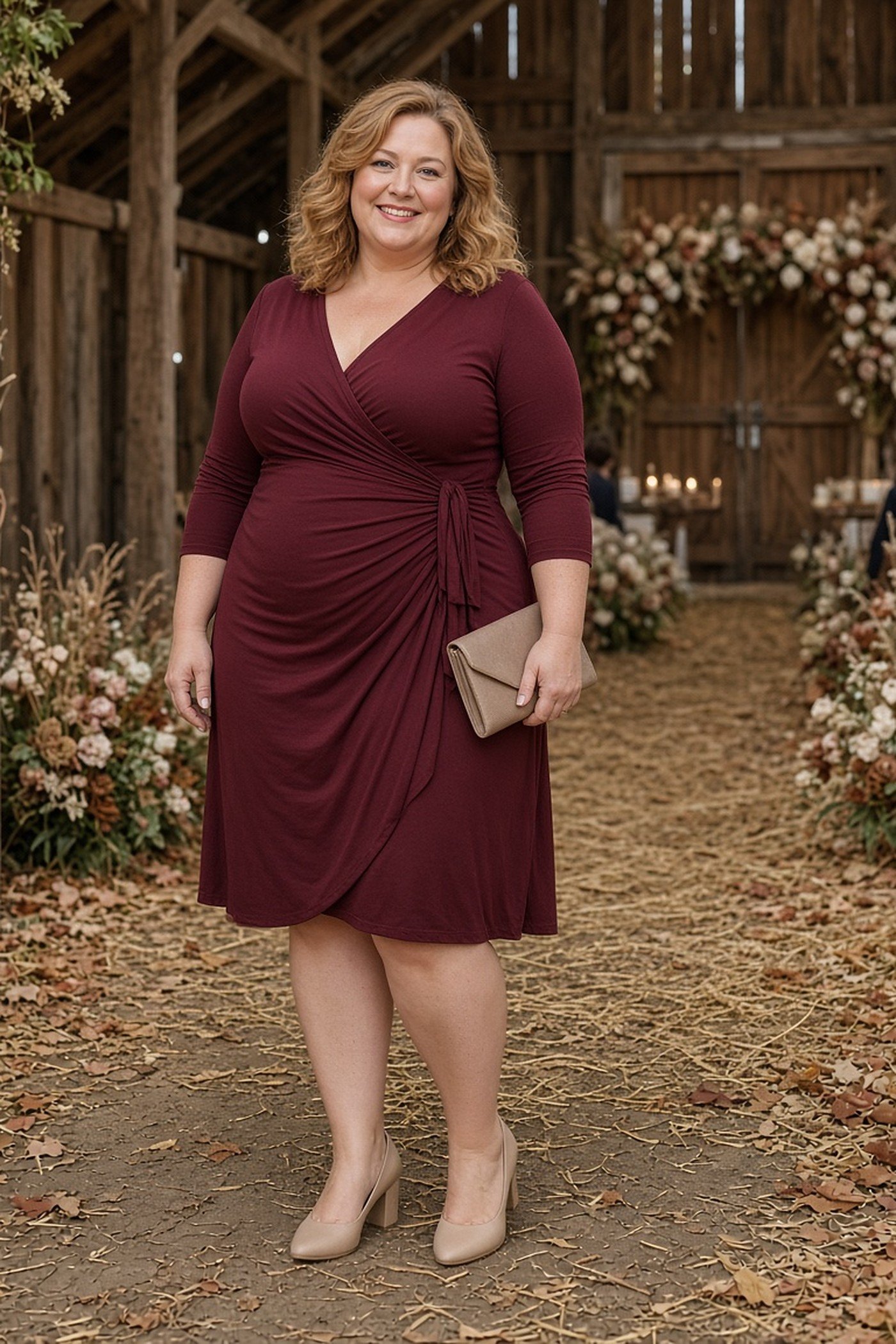 Plus-size woman in a burgundy jersey wrap dress at a barn wedding