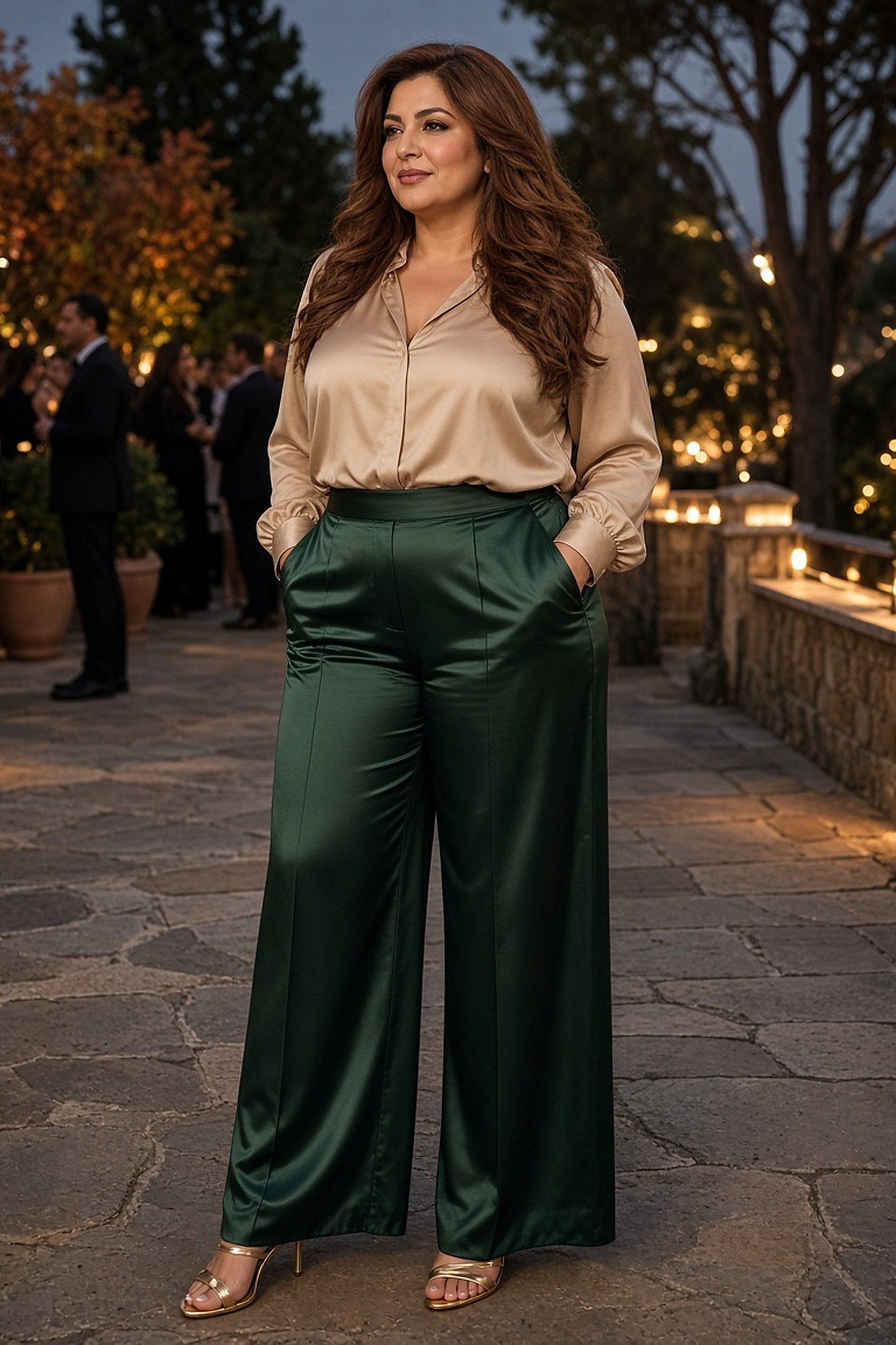 Plus-size woman in a champagne silky blouse and green satin wide-leg trousers