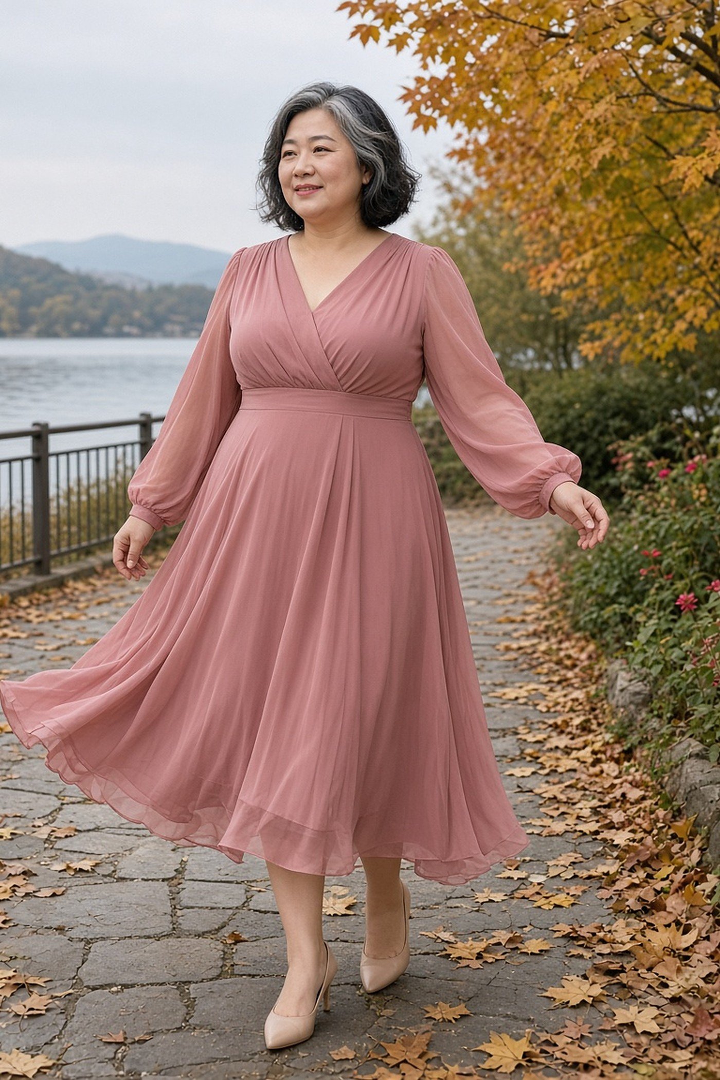Plus-size woman in a dusty rose chiffon dress with sheer sleeves