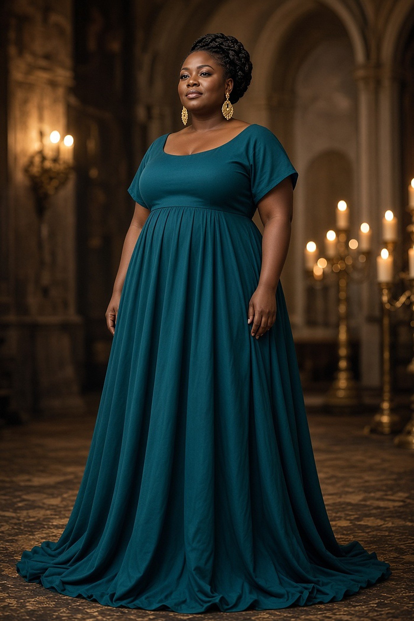 Plus-size Black woman in a teal empire waist gown