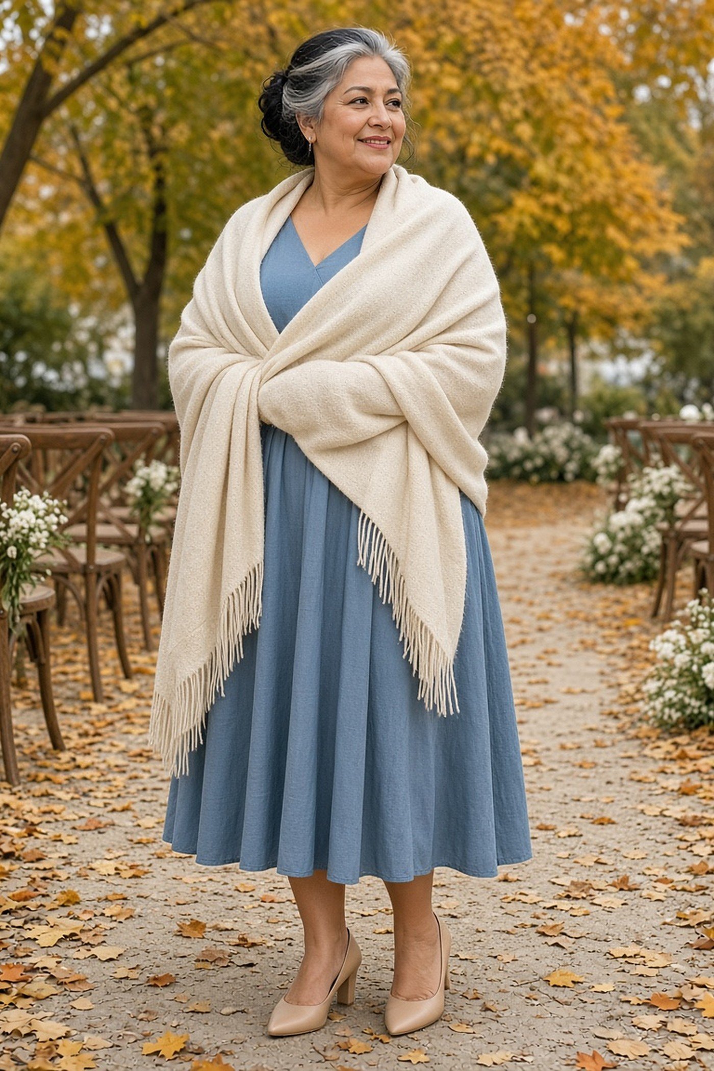 Plus-size woman in a cream shawl over a dusty blue midi dress