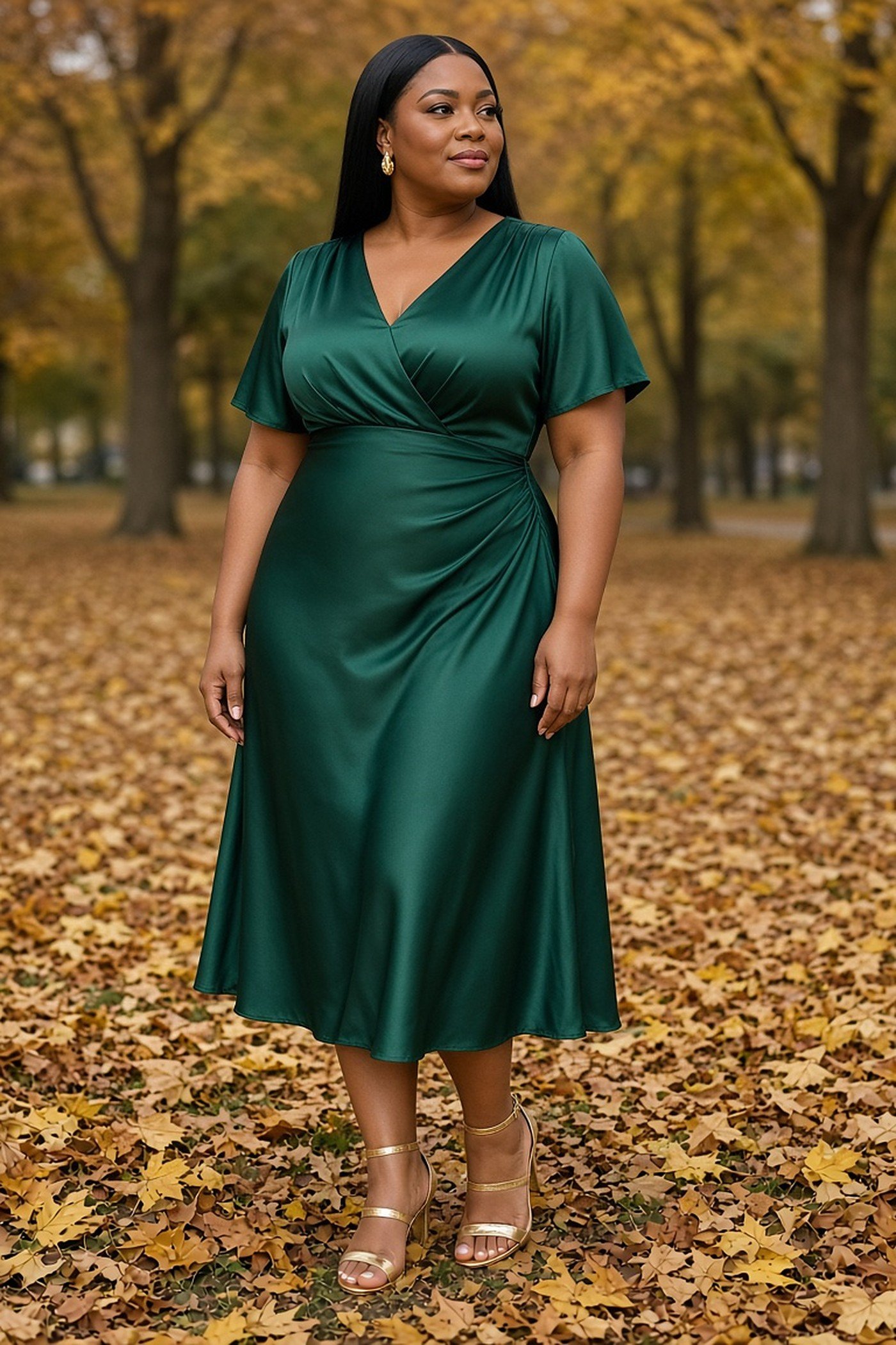 Plus-size Black woman in an emerald satin midi dress among autumn leaves