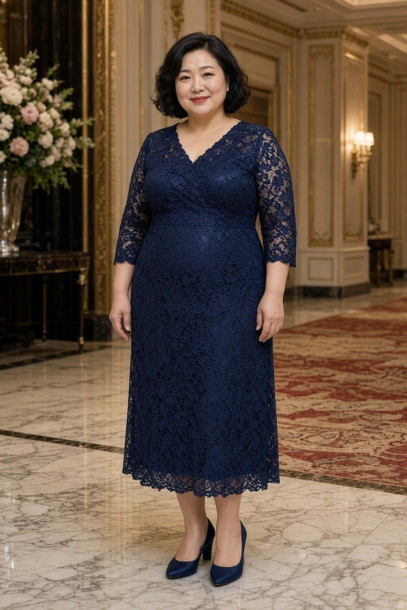 Plus-size woman in a navy lace midi dress with sleeves