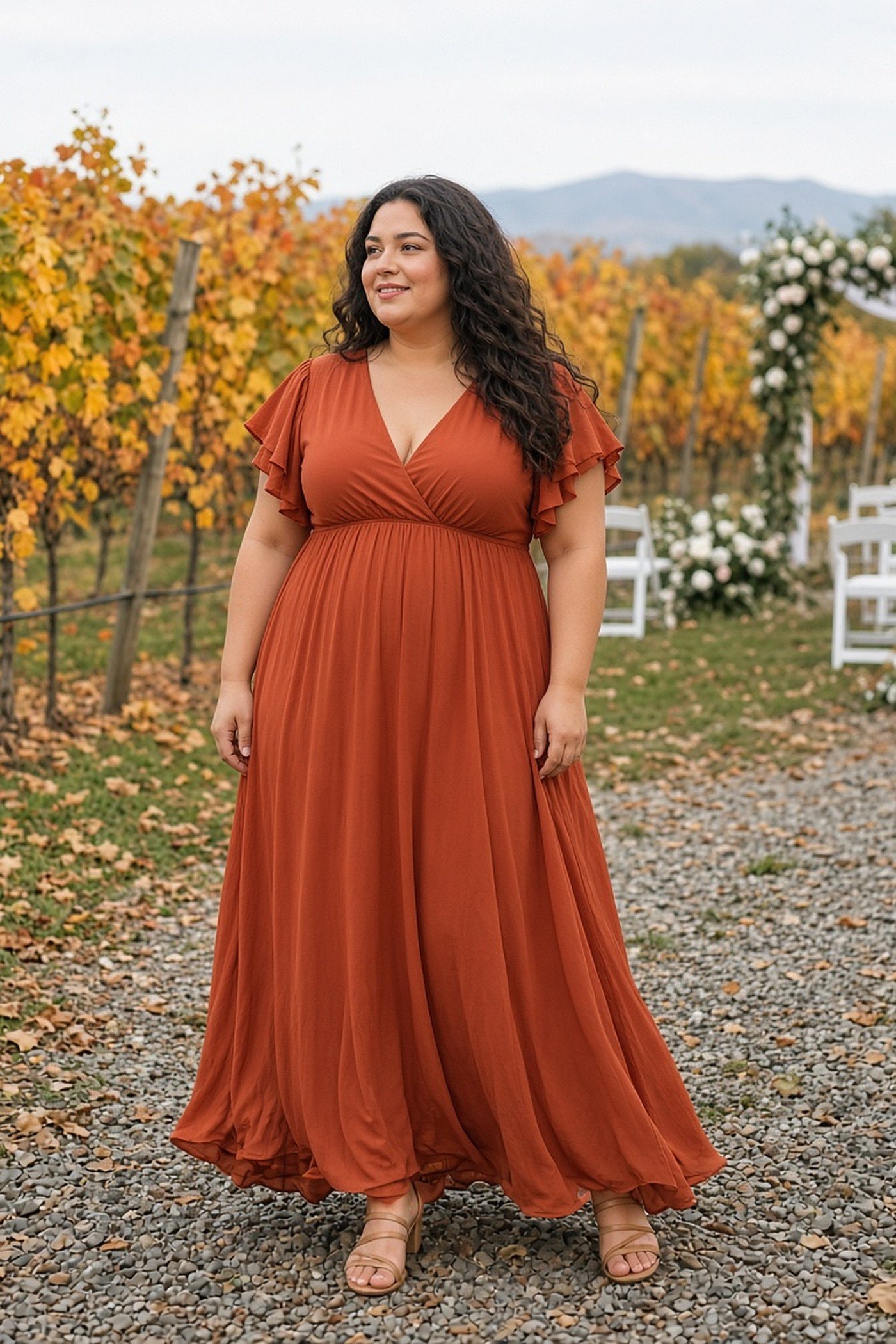 Plus-size woman in a rust maxi dress at a vineyard wedding