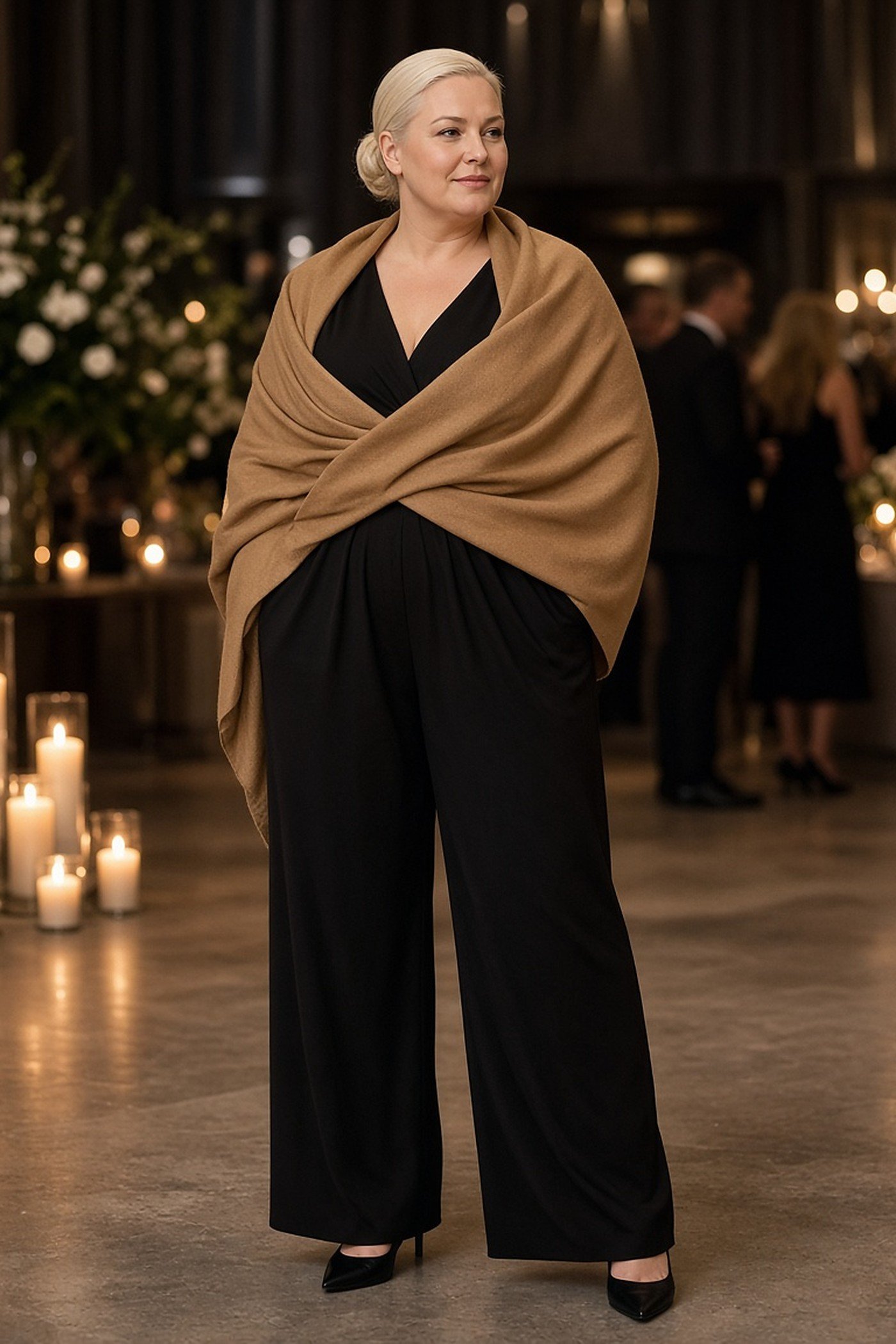 Plus-size woman in a black wide-leg jumpsuit with a camel wrap