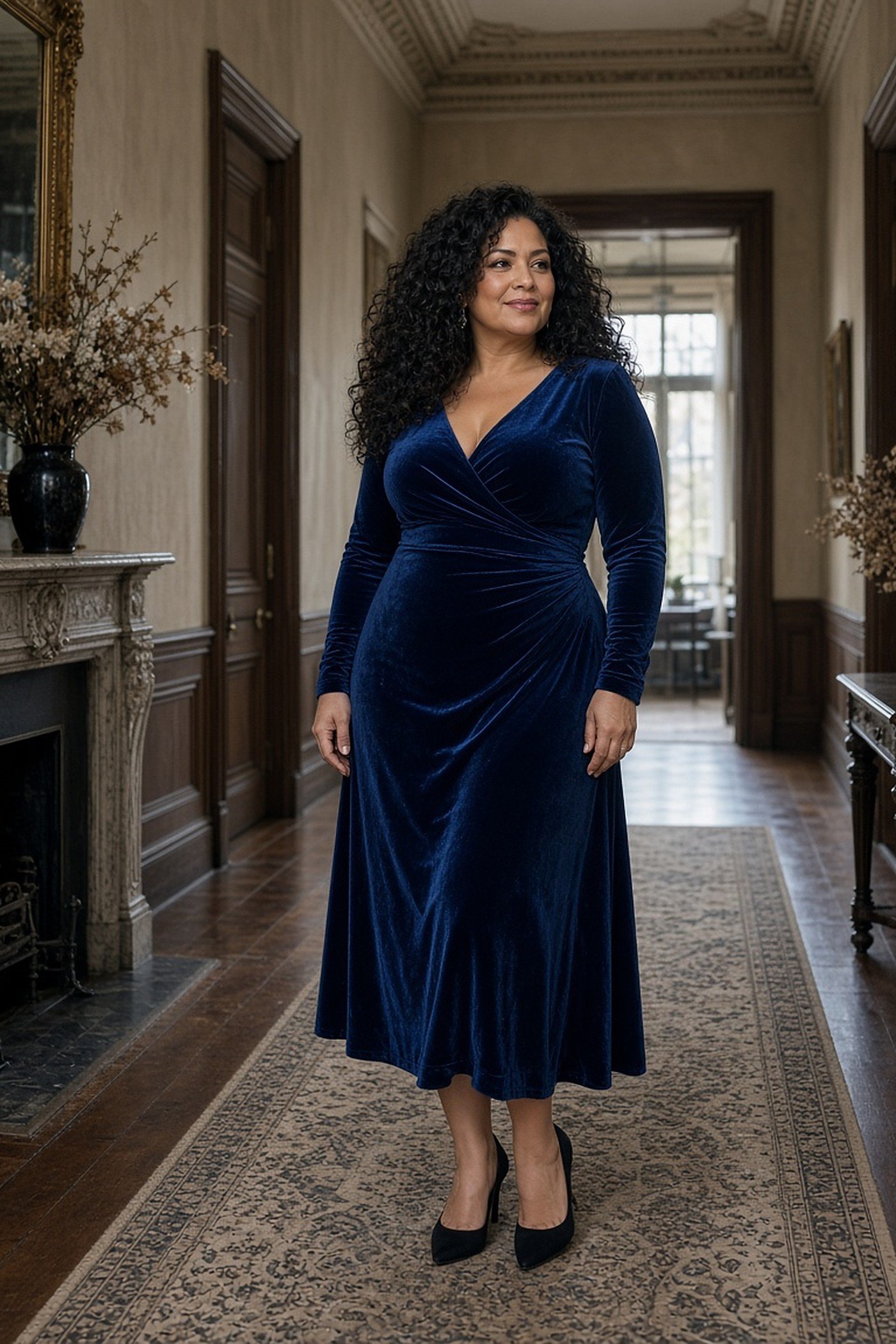 Plus-size woman in a sapphire velvet midi dress