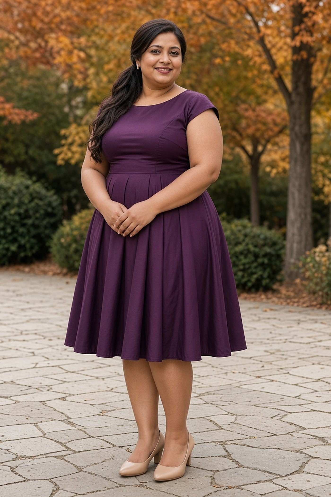 Plus-size woman in a plum fit-and-flare dress