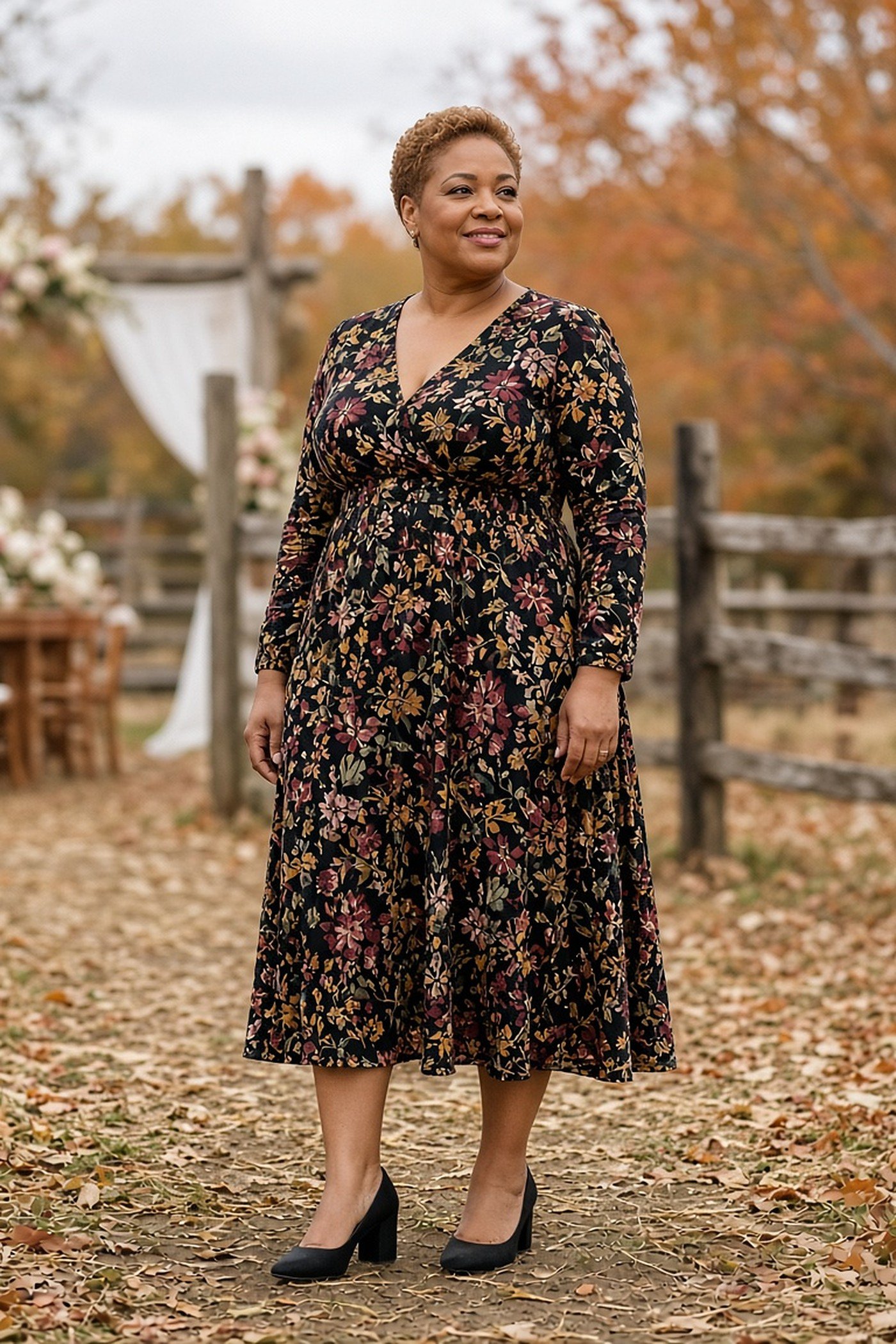 Plus-size Black woman in a dark floral midi dress at a farm wedding