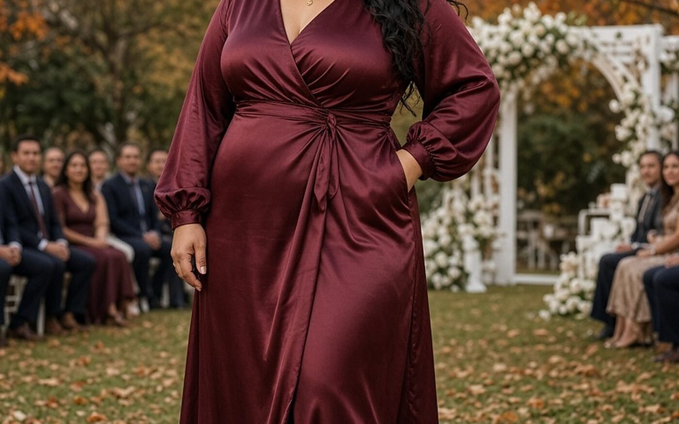 Plus-size woman in a burgundy satin wrap dress at an outdoor fall wedding