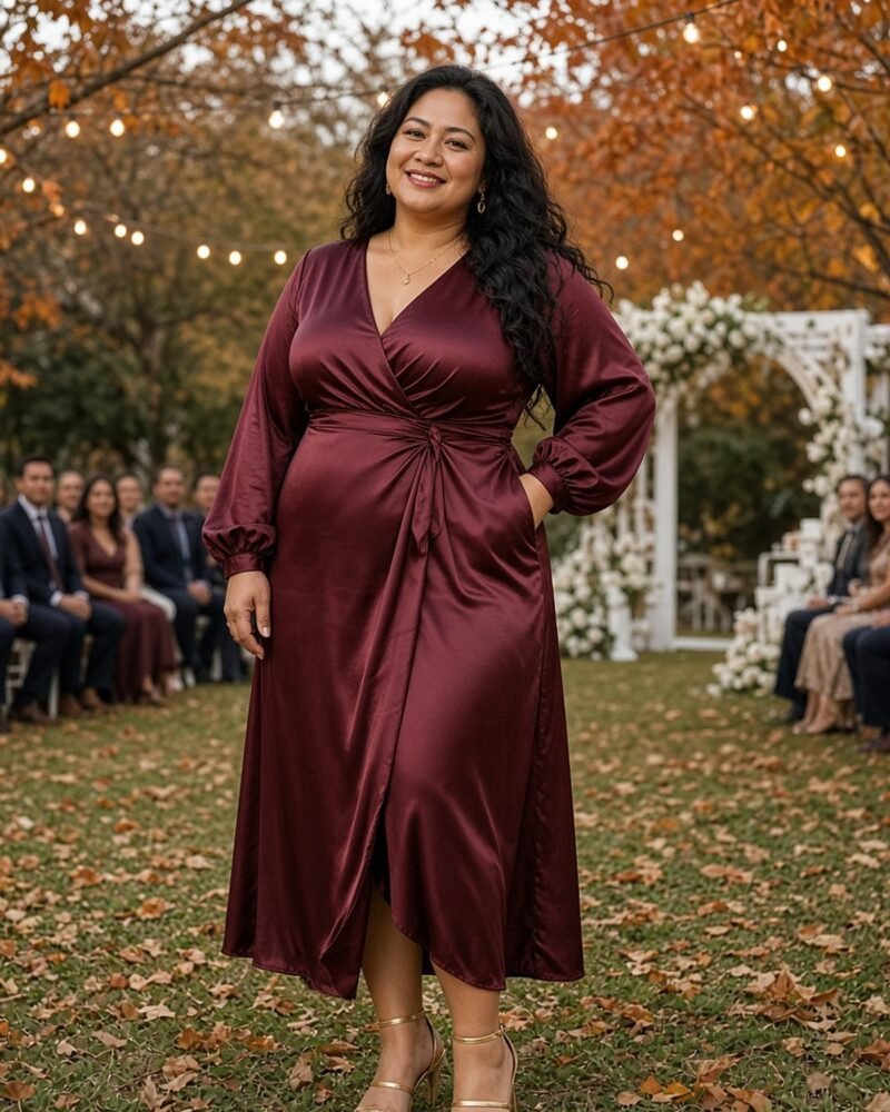 Plus-size woman in a burgundy satin wrap dress at an outdoor fall wedding