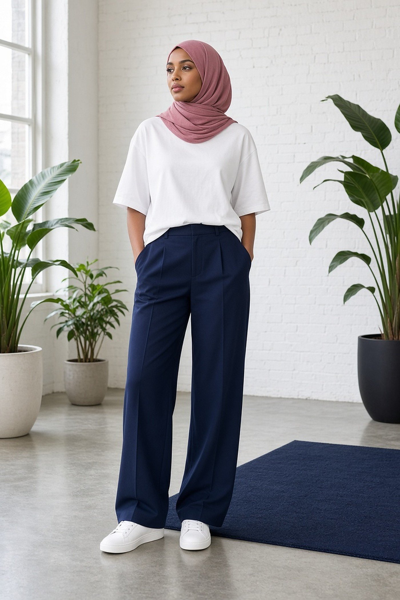 Woman in her 30s in thick white cotton t-shirt and navy trousers