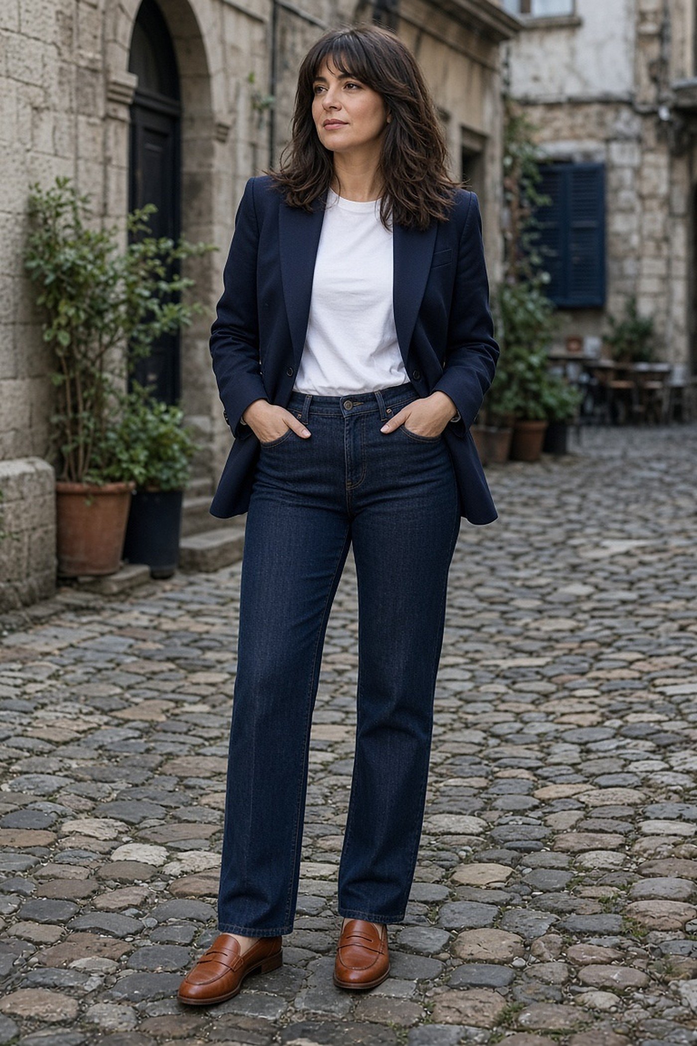 Woman in her 30s in dark straight jeans, navy blazer and loafers