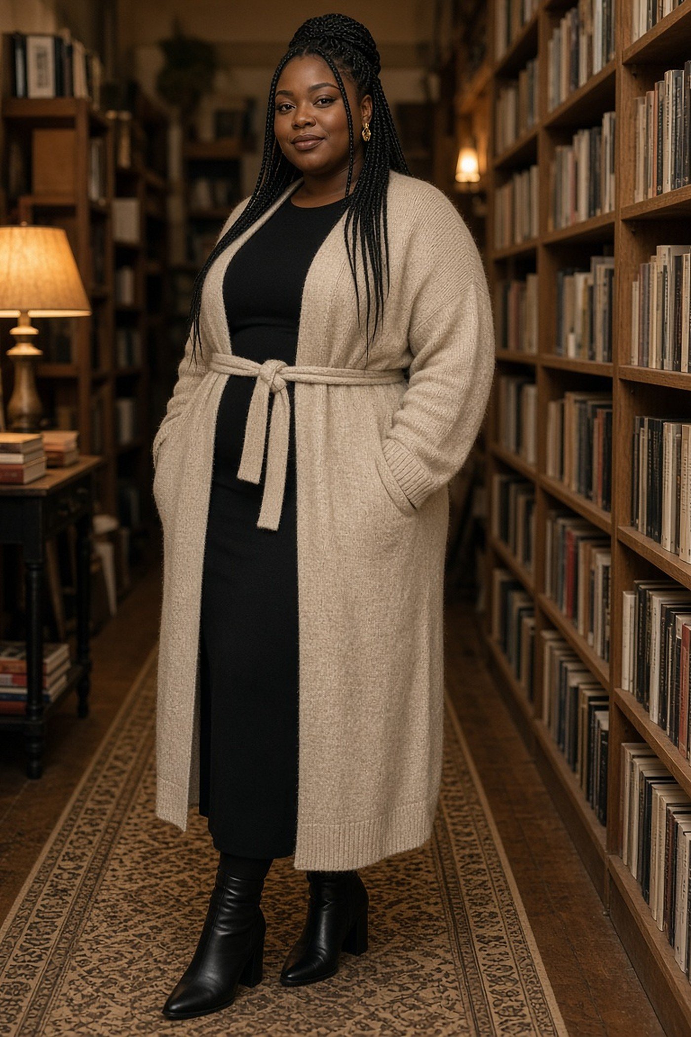 Woman in her 30s in long belted oatmeal cardigan