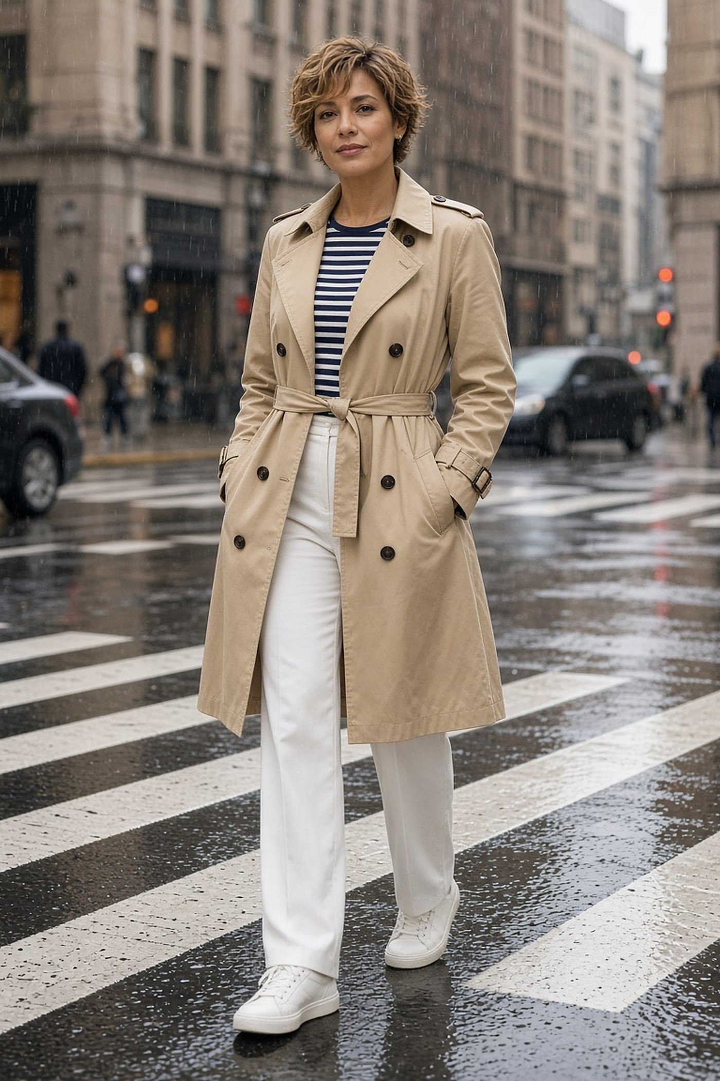 Woman in her 30s in classic beige trench coat