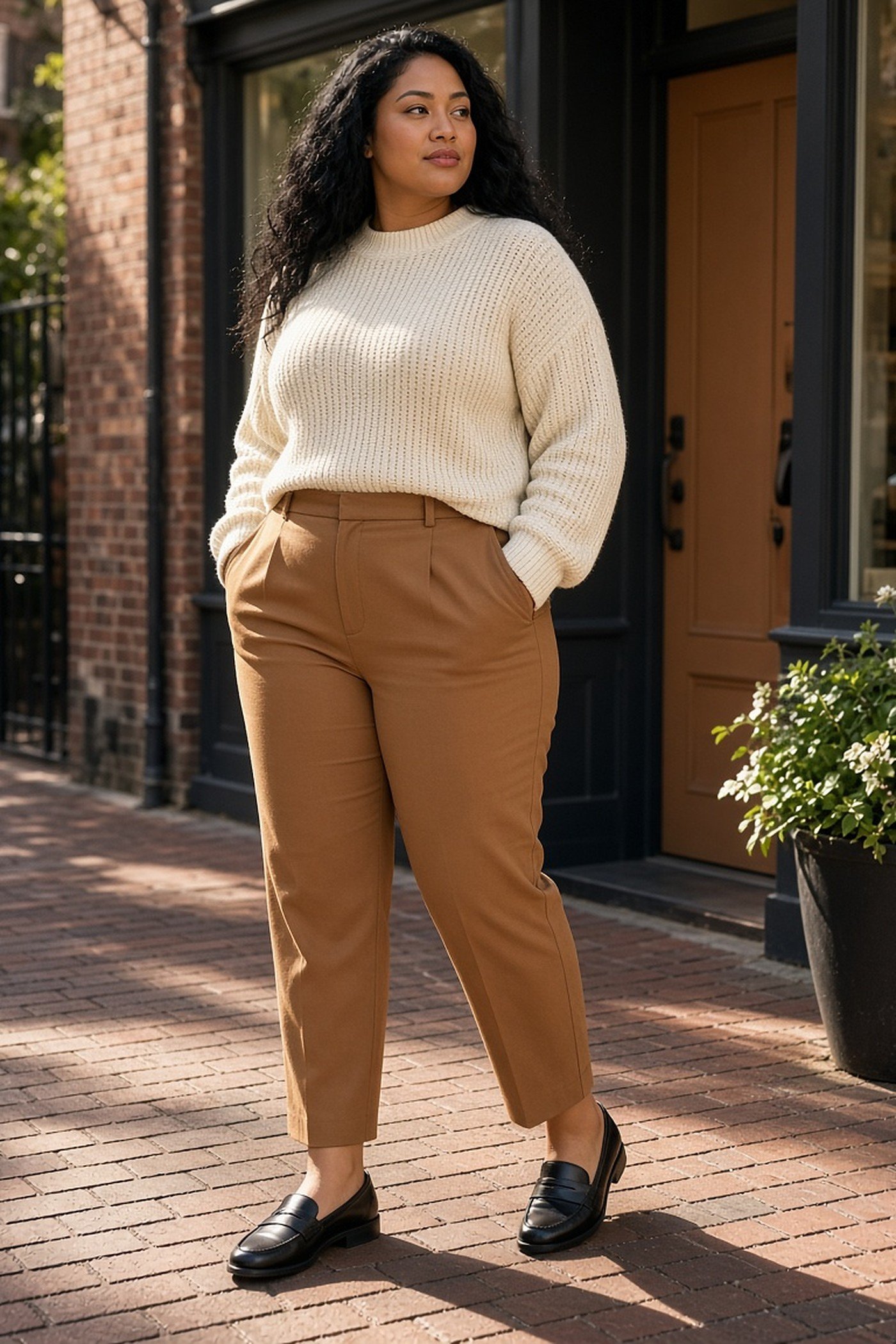 Woman in her 30s in black leather loafers and camel trousers