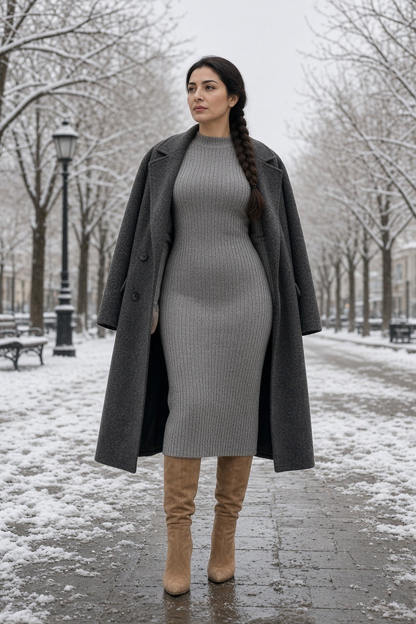 Woman in her 30s in gray ribbed knit dress and tan boots