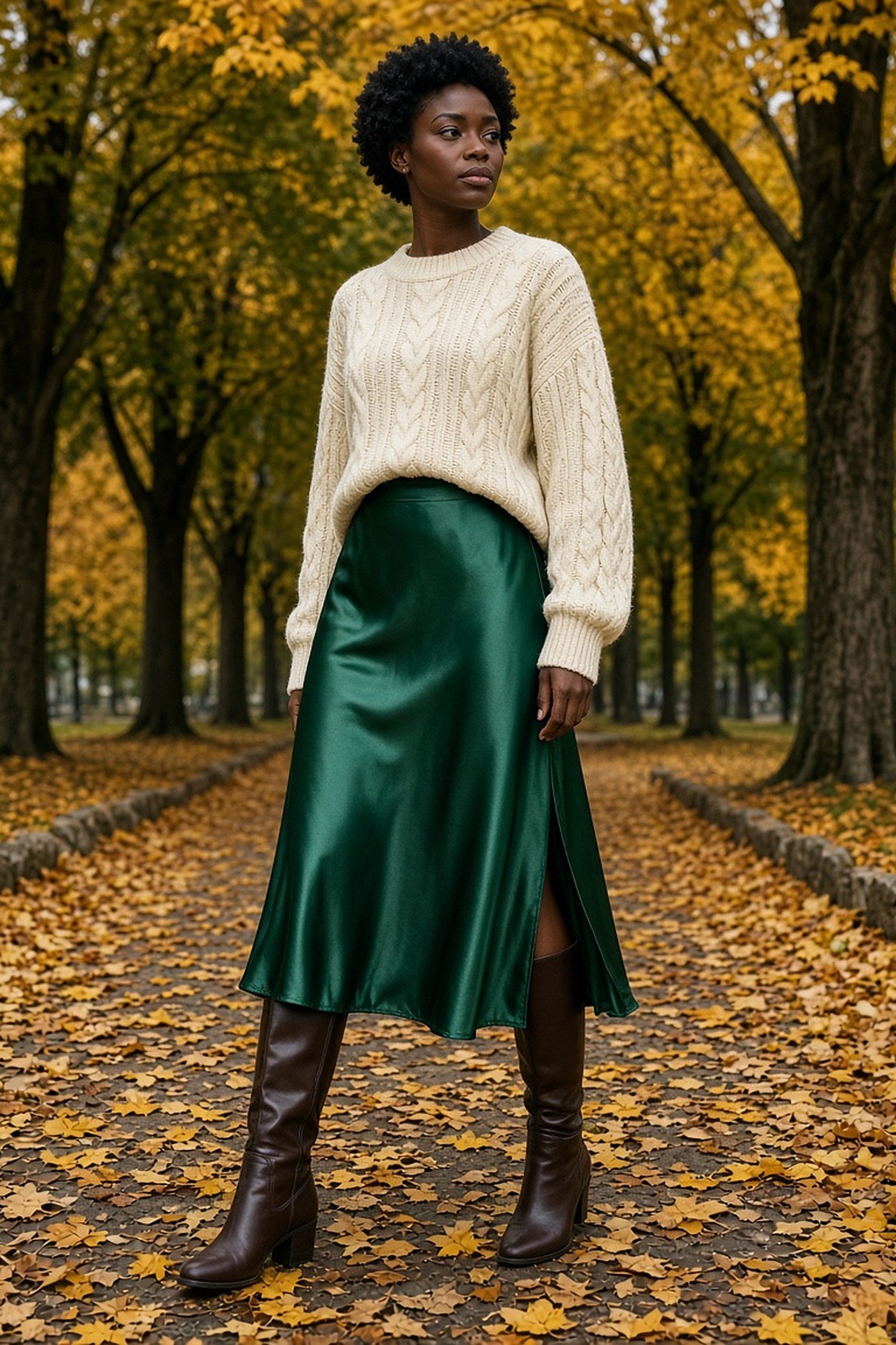 Woman in her 30s in emerald satin midi skirt and chunky knit with boots
