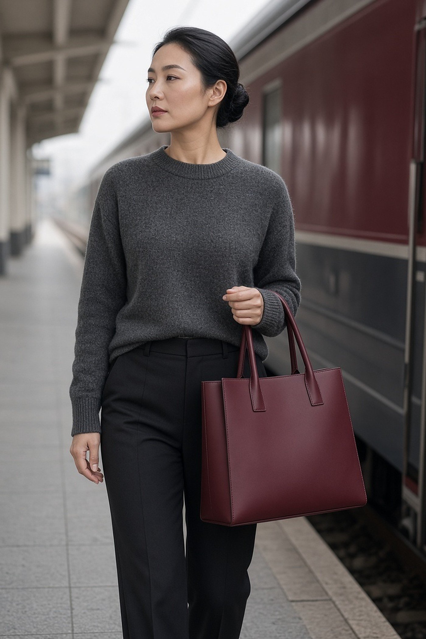 Woman in her 30s carrying a structured burgundy tote