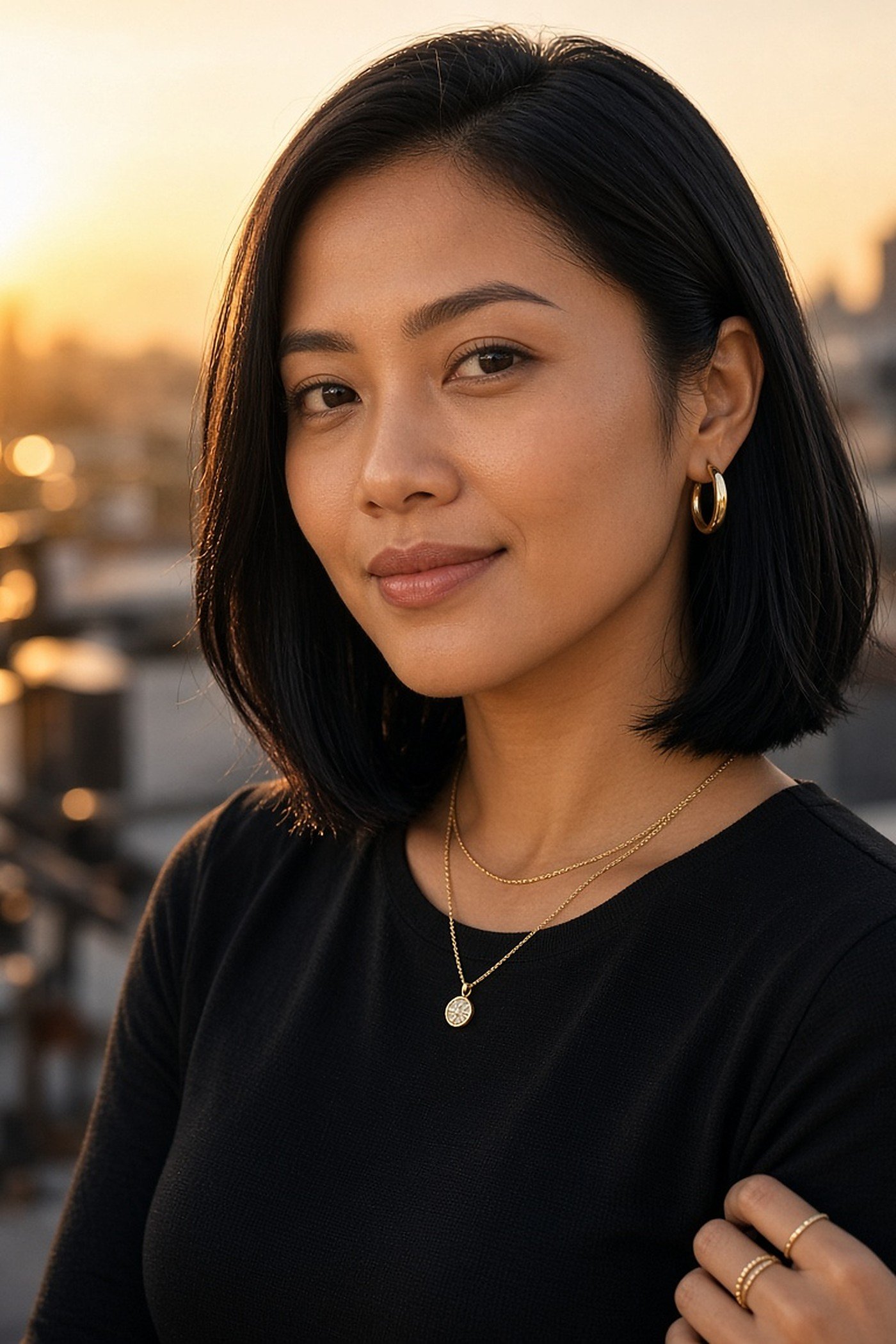 Woman in her 30s wearing gold hoops and layered gold chains