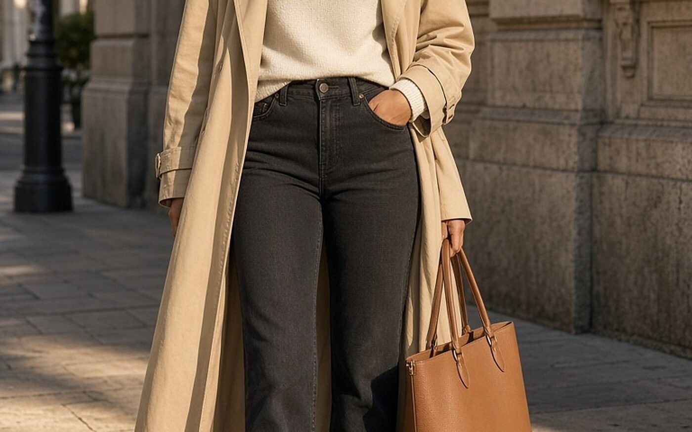 Woman in her 30s in beige trench, cream knit, dark jeans and tan loafers