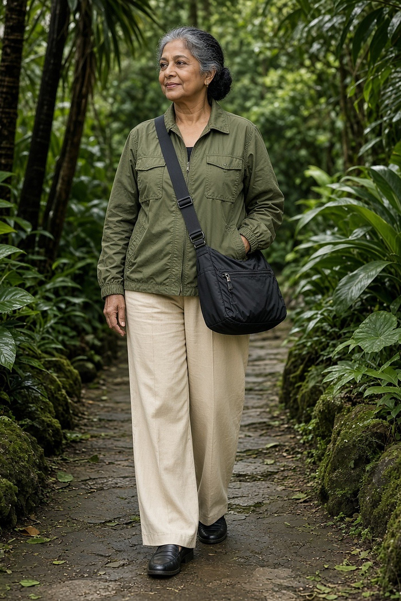 Woman over 60 wearing lightweight black nylon crossbody bag