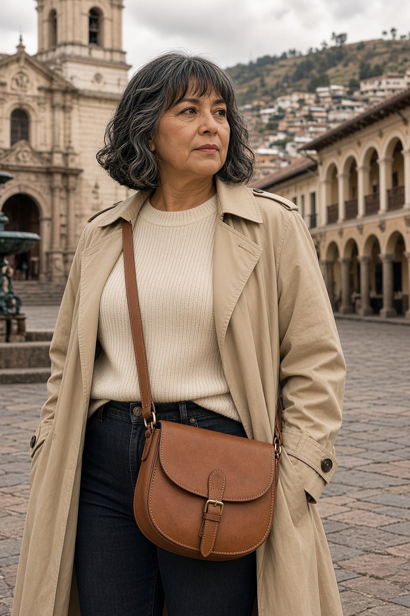 Woman over 60 with tan leather saddle bag