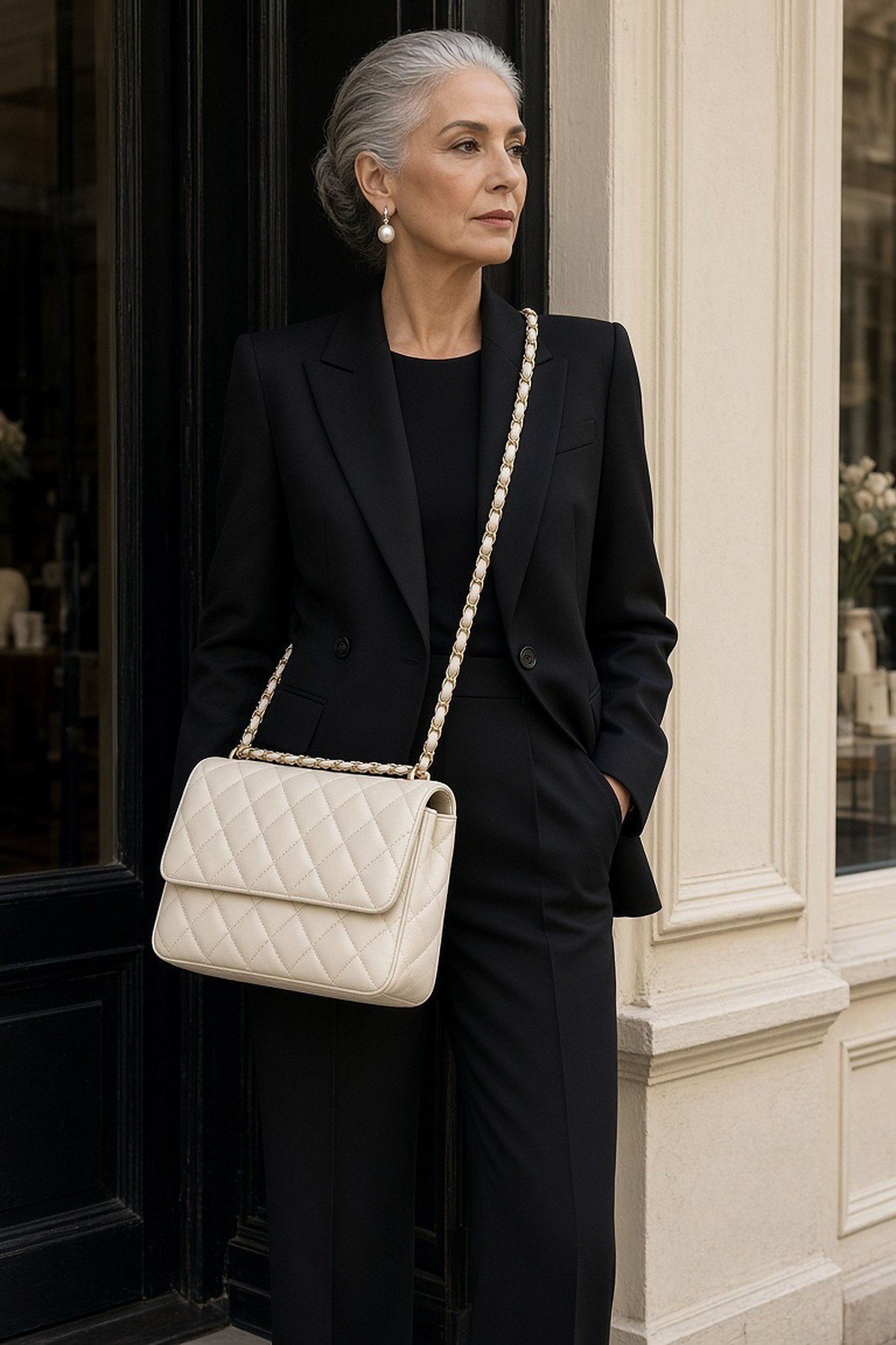 Woman over 60 with cream quilted chain shoulder bag