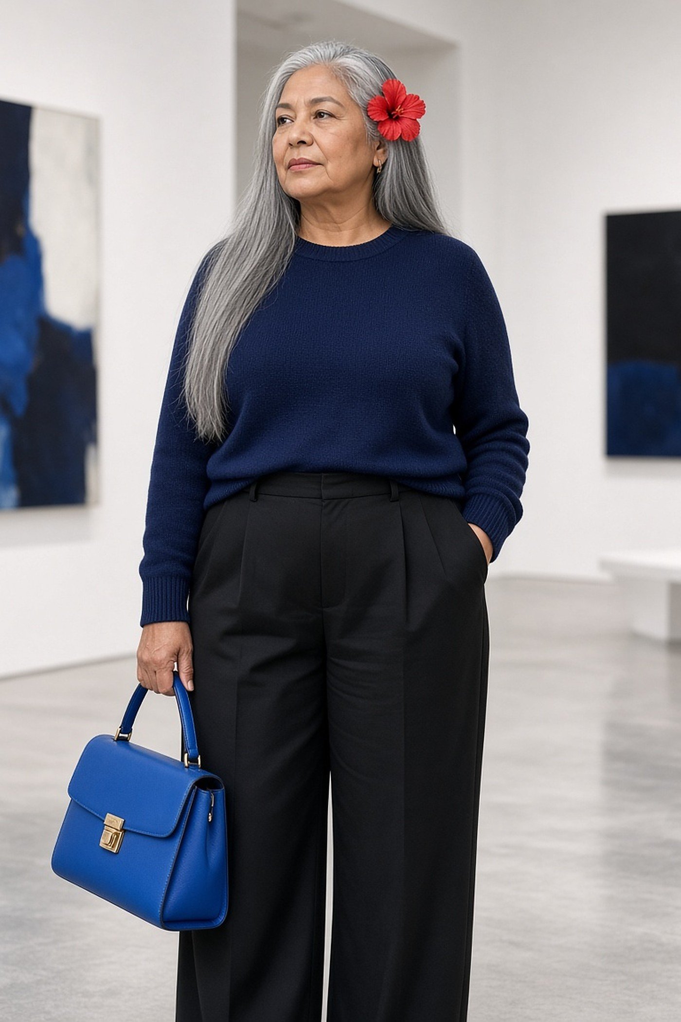 Woman over 60 carrying bright cobalt top-handle bag