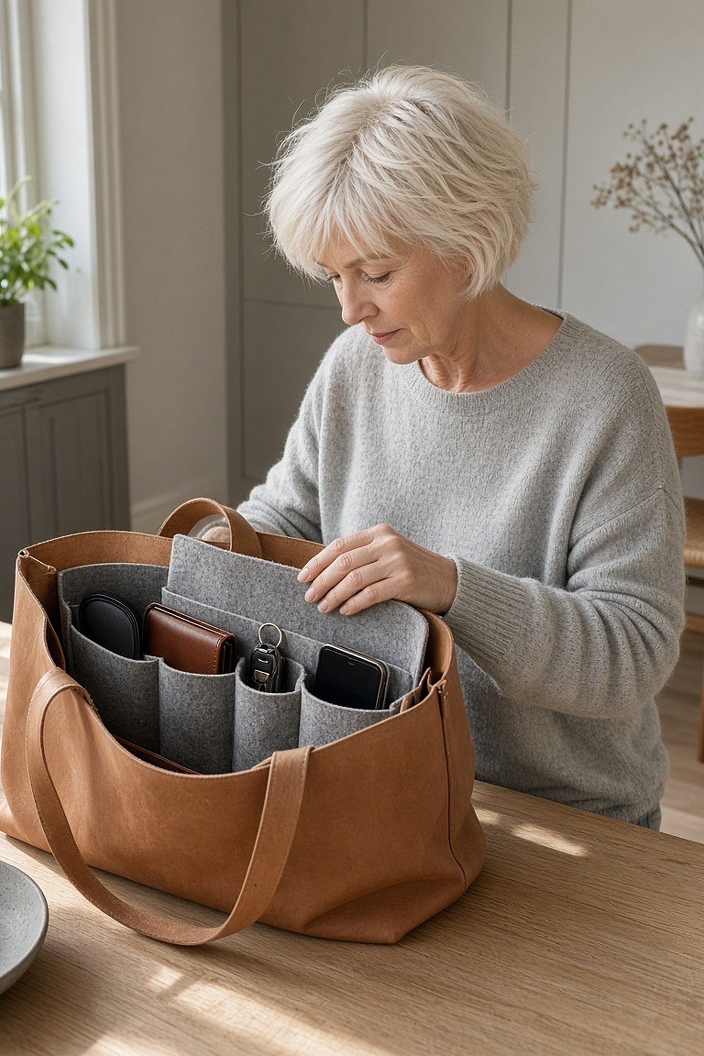 Woman over 60 placing felt organizer insert into tote