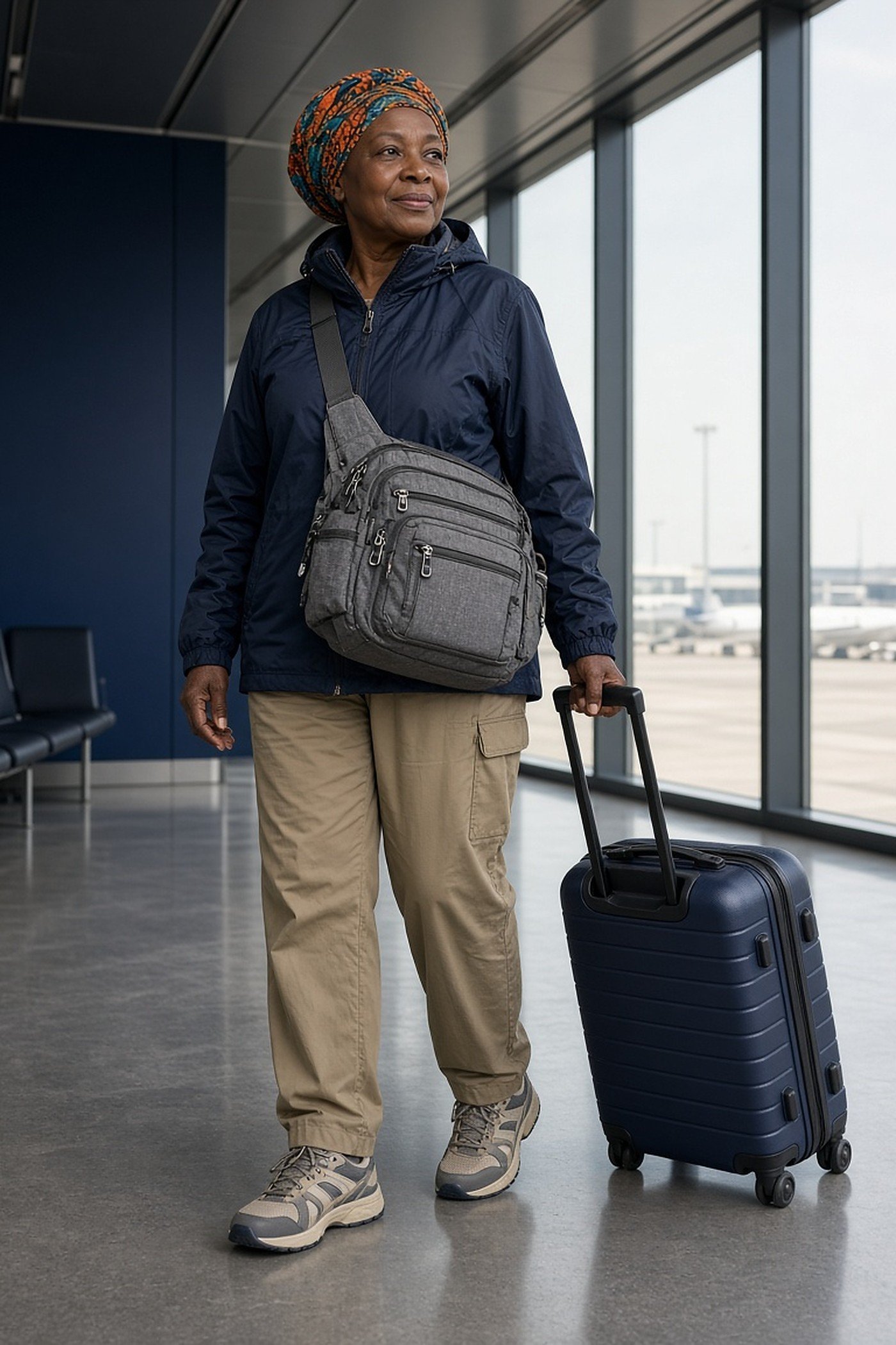 Woman over 60 with gray RFID travel crossbody bag at airport