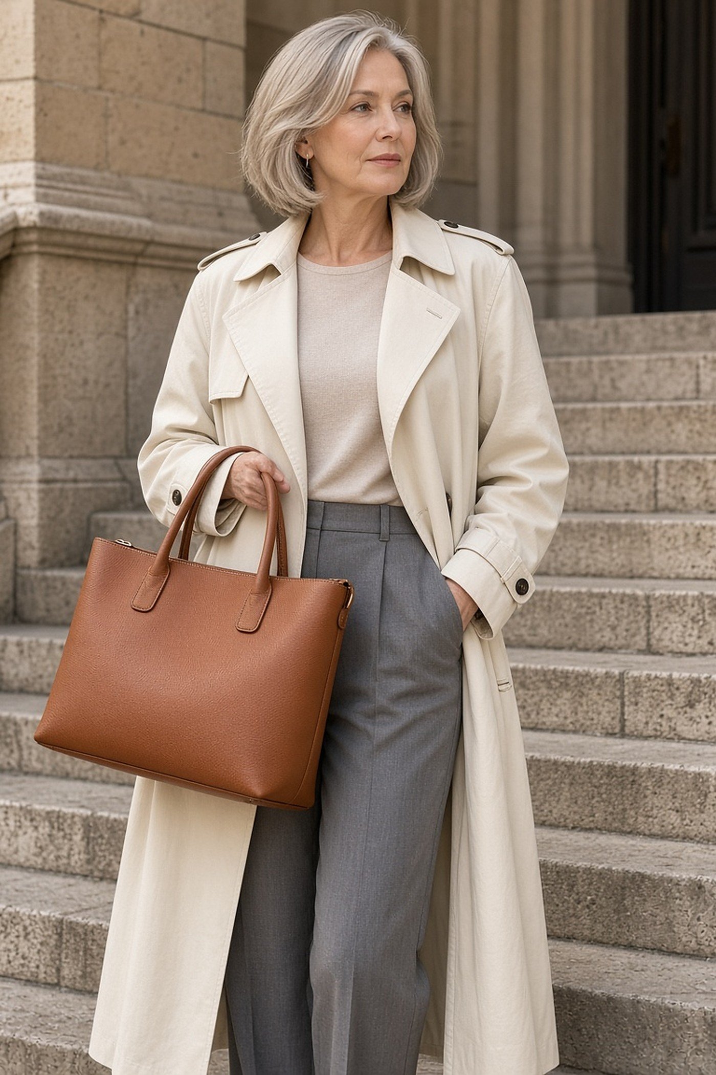 Woman over 60 carrying structured cognac leather tote