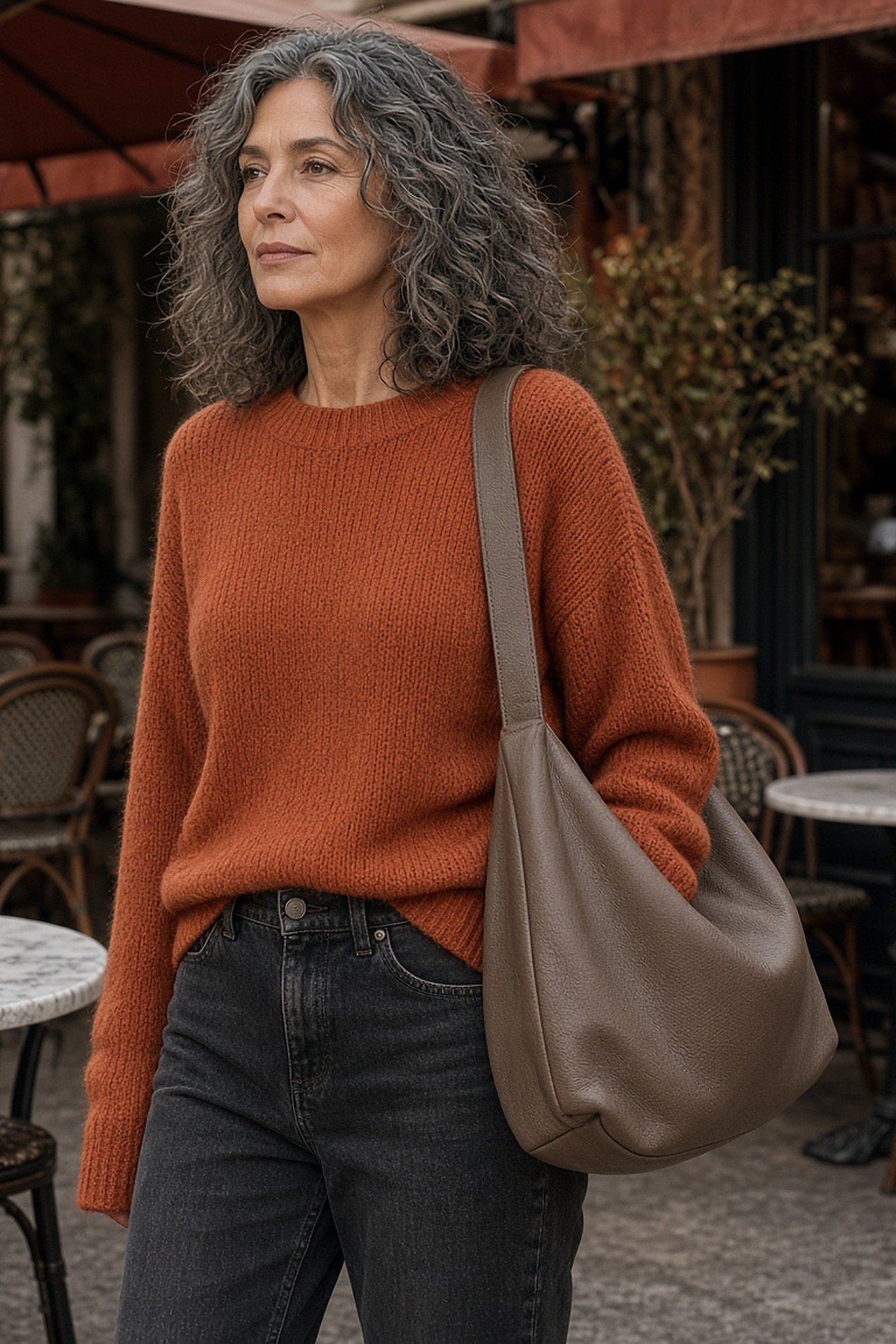 Woman over 60 with slouchy taupe hobo shoulder bag