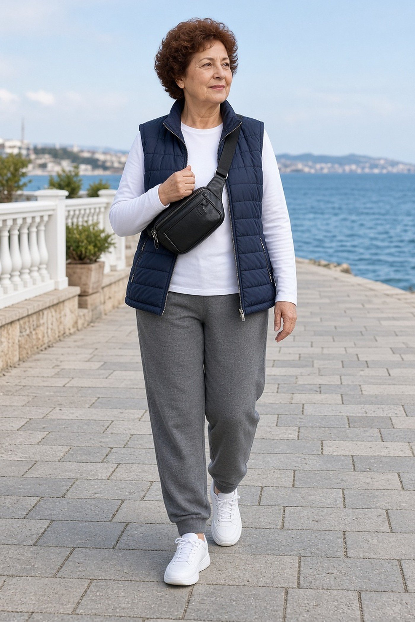 Woman over 60 wearing black leather belt bag across chest