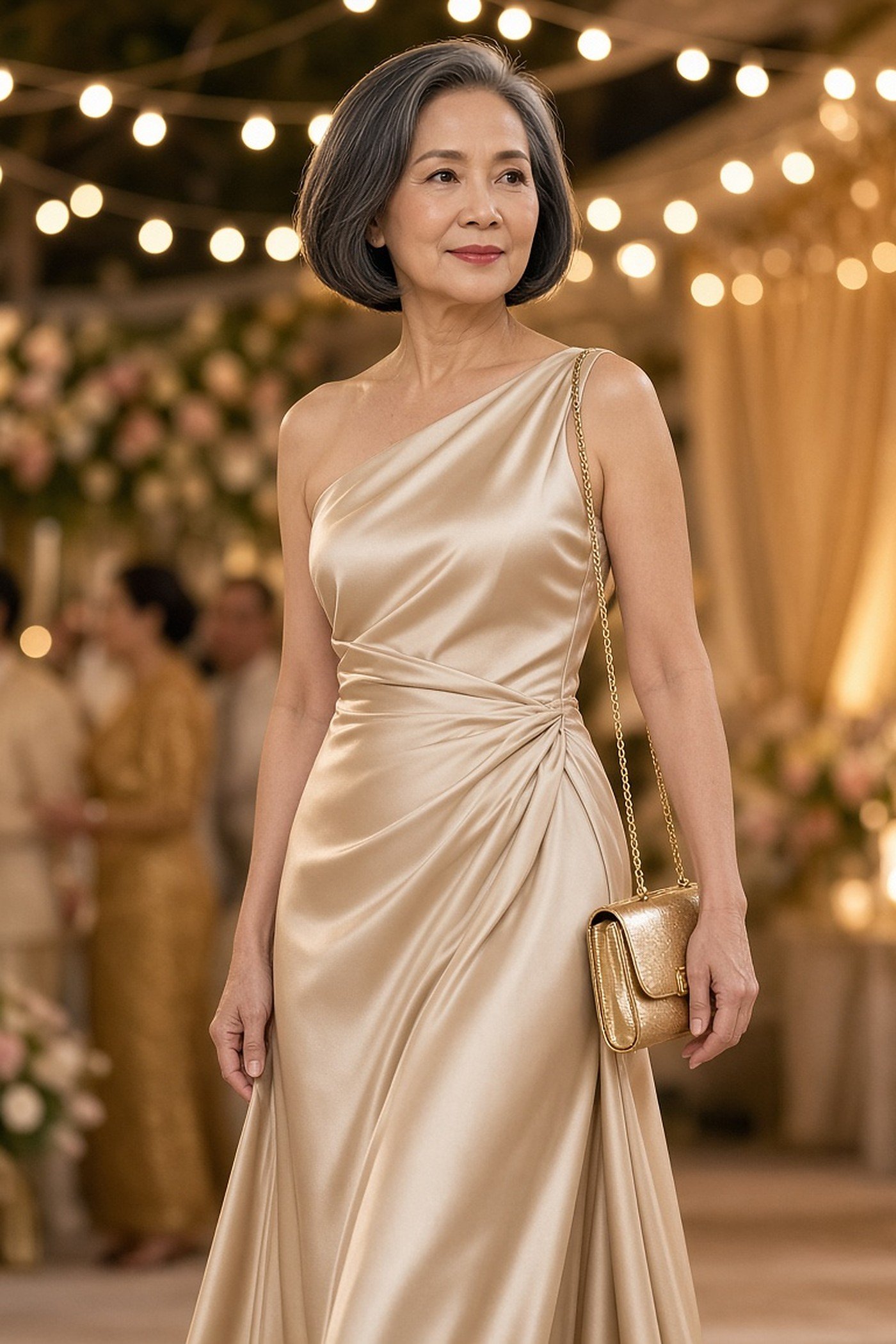 Woman over 60 with gold chain-strap evening clutch